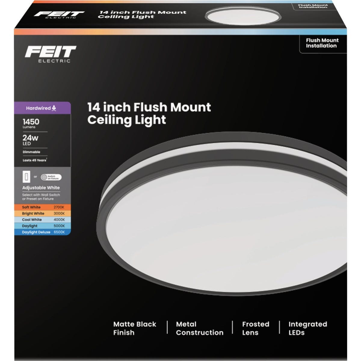 Feit 14 In. Matte Black LED CCT Dimmable Dual Band Flush Mount Ceiling Light Fixture