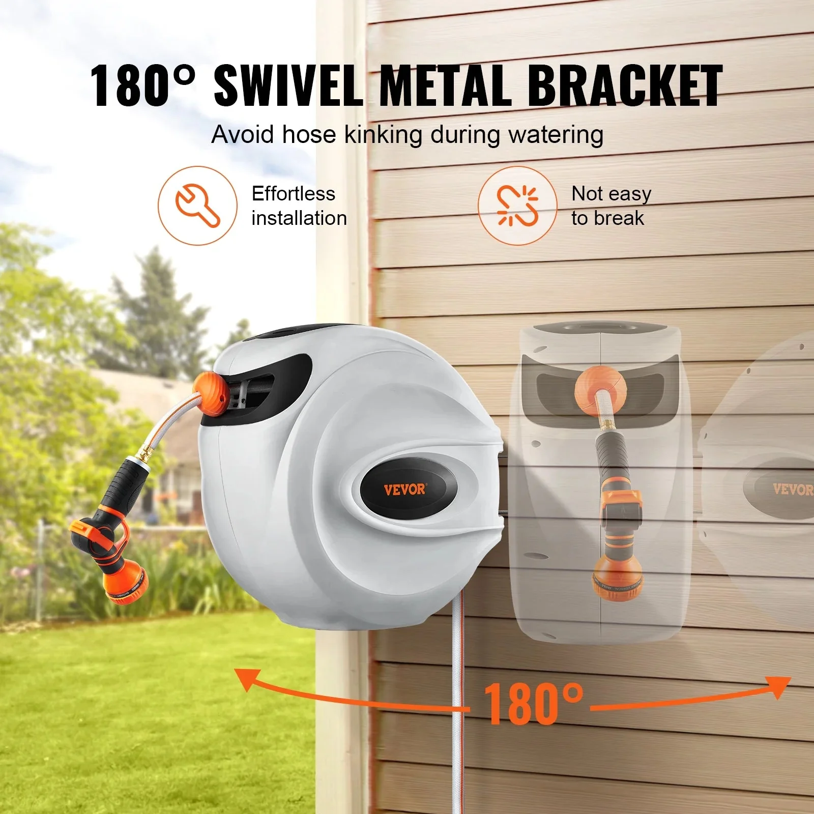 VEVOR Retractable Garden Hose Reel, 100 ft x 1/2 inch, Wall-Mounted With 9-Pattern Nozzle - Image 3 VEVOR Retractable Garden Hose Reel, 100 ft x 1/2 inch, Wall-Mounted With 9-Pattern Nozzle - Image 3