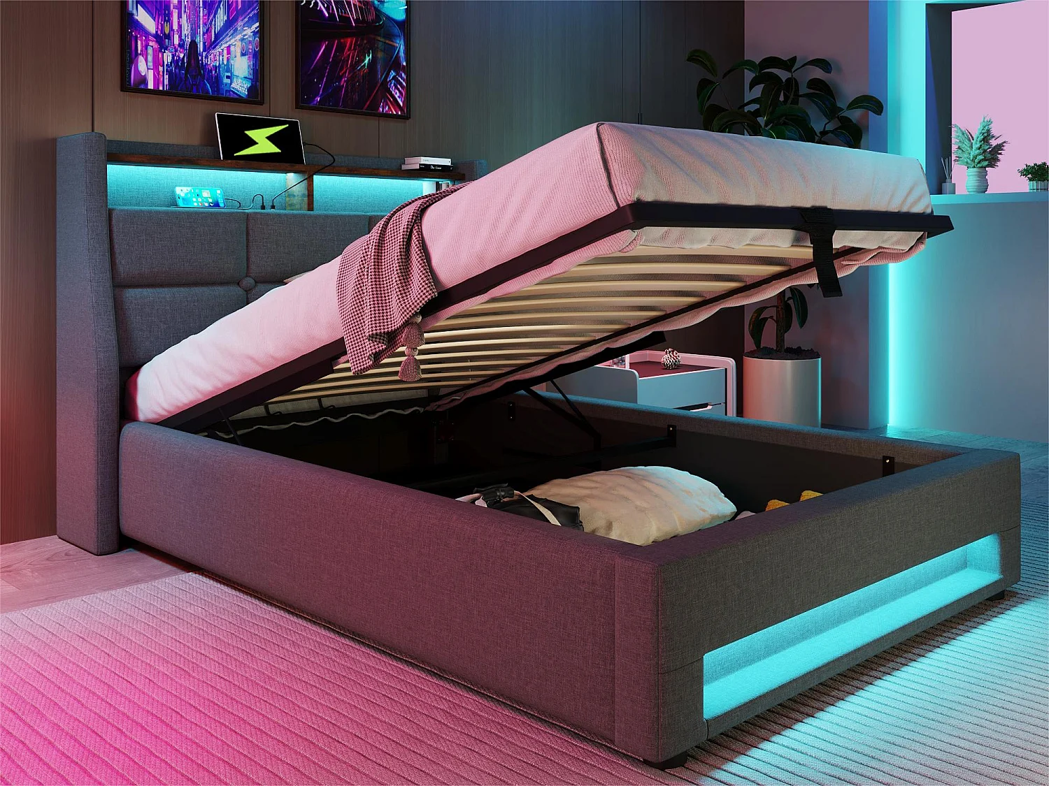 Lit coffre en lin 90x200cm avec LED et ports USB - sommier à lattes - gris