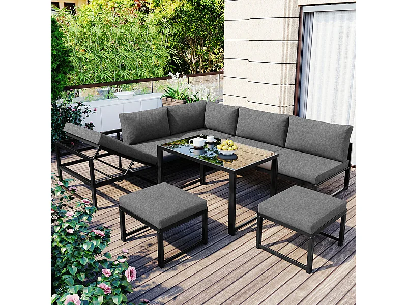 Salon de jardin en aluminium: canapé 3 places, canapé 2 places et table en verre - avec fonction de couchage - Gris