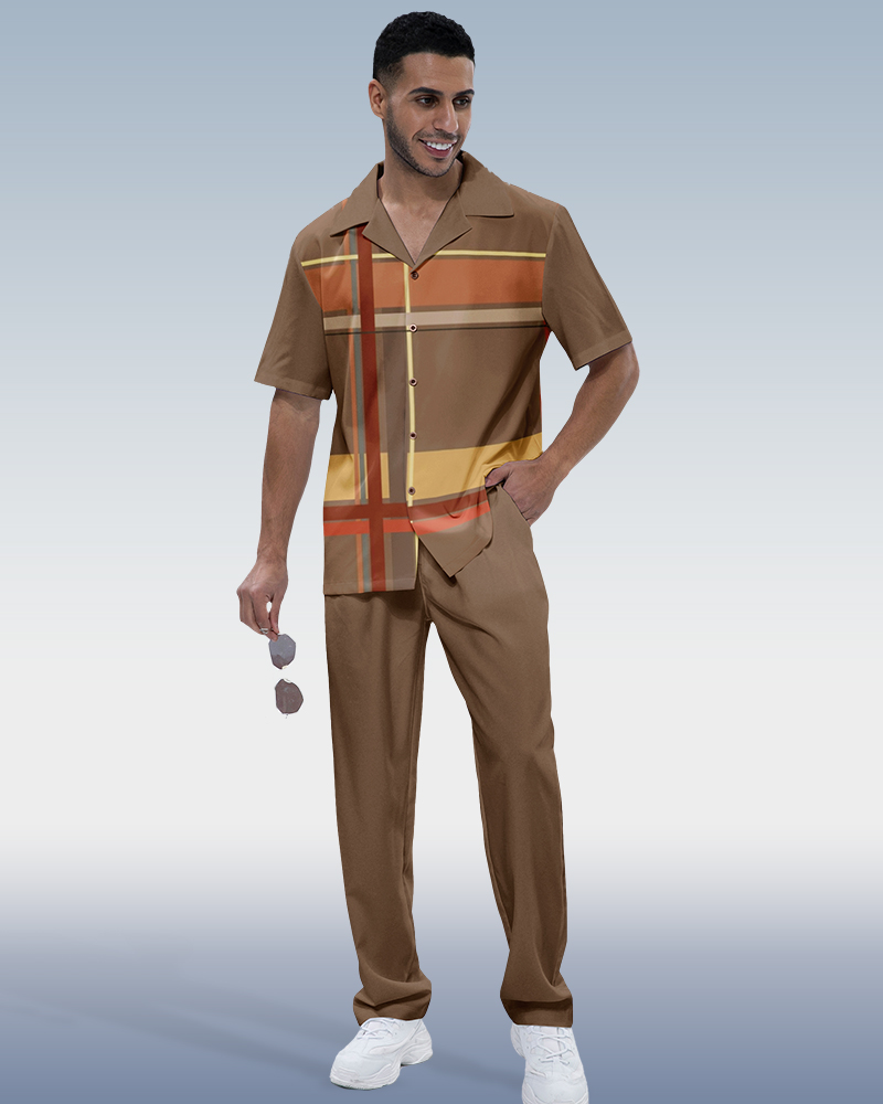 Suitmens Men's Check Print Short Sleeve Shirt Walking Set 290