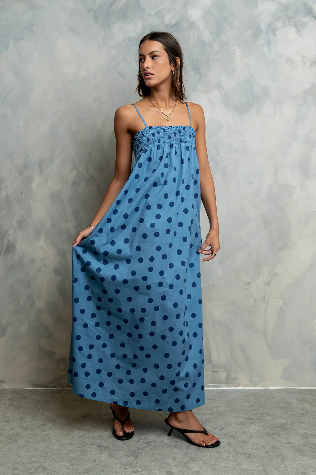 Taylen Polka Dot Maxi Dress in Dusty Blue
