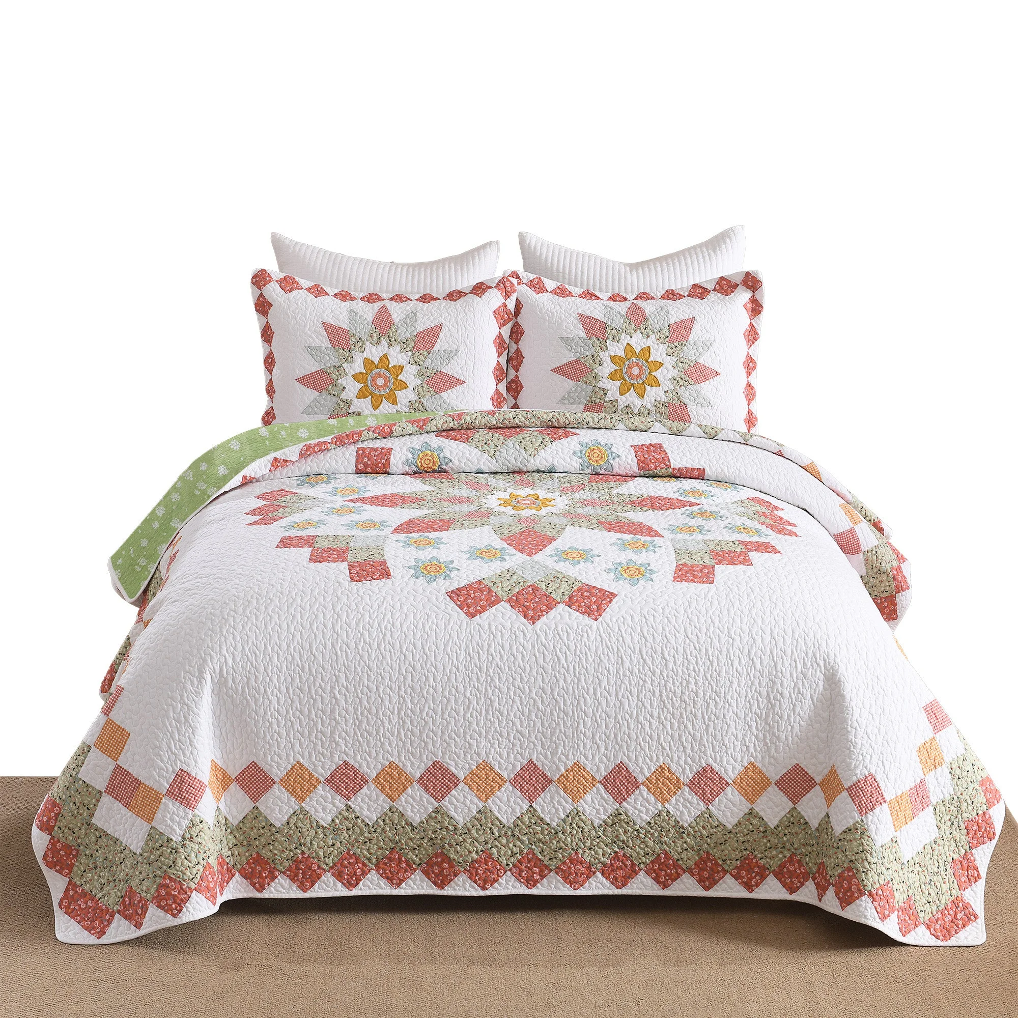 3 Pcs 100% Cotton Sunflower Pattern Patchwork Quilt Bedspread Set|Farmhouse Bedding Set for All Seasons