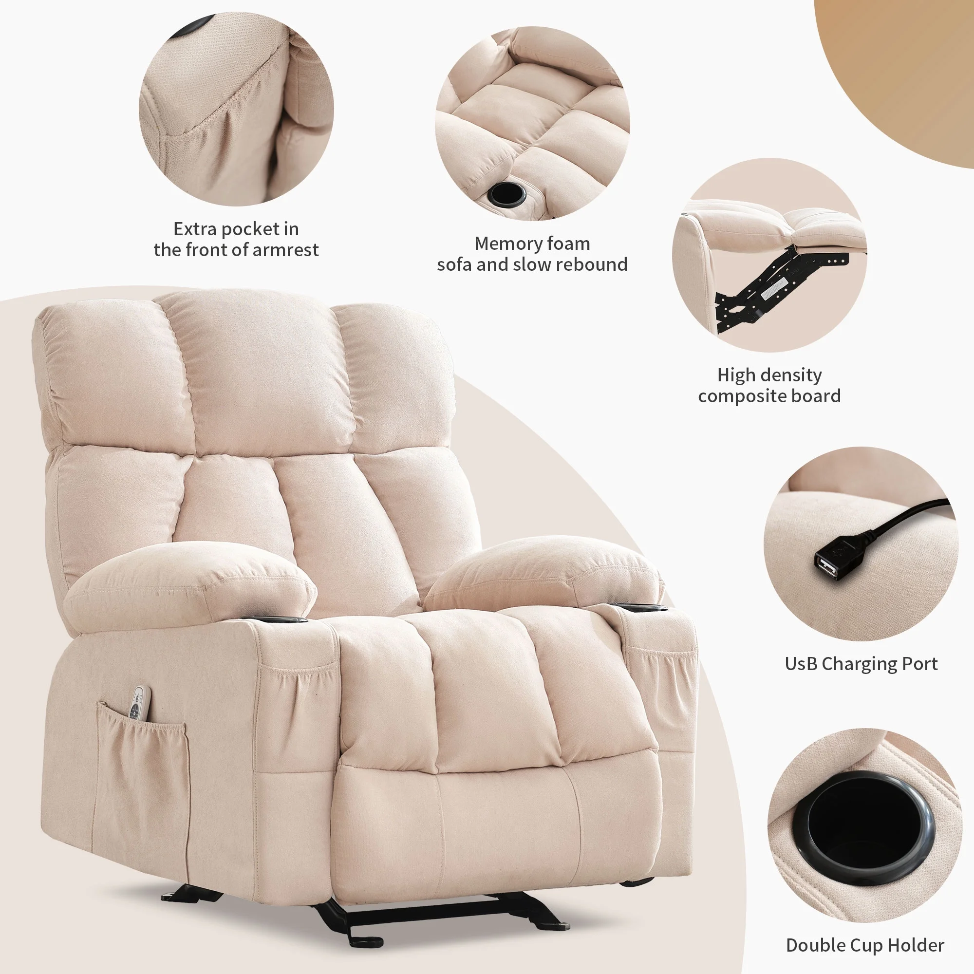 JONPONY Manual Recliner Chair with Heat Therapy and Massage Function, Heavy Duty Reclining Mechanism Massage Chair, Elderly Single Rocker Sofa with Cup Holders for Bedroom Home Theater,Grey - Image 114