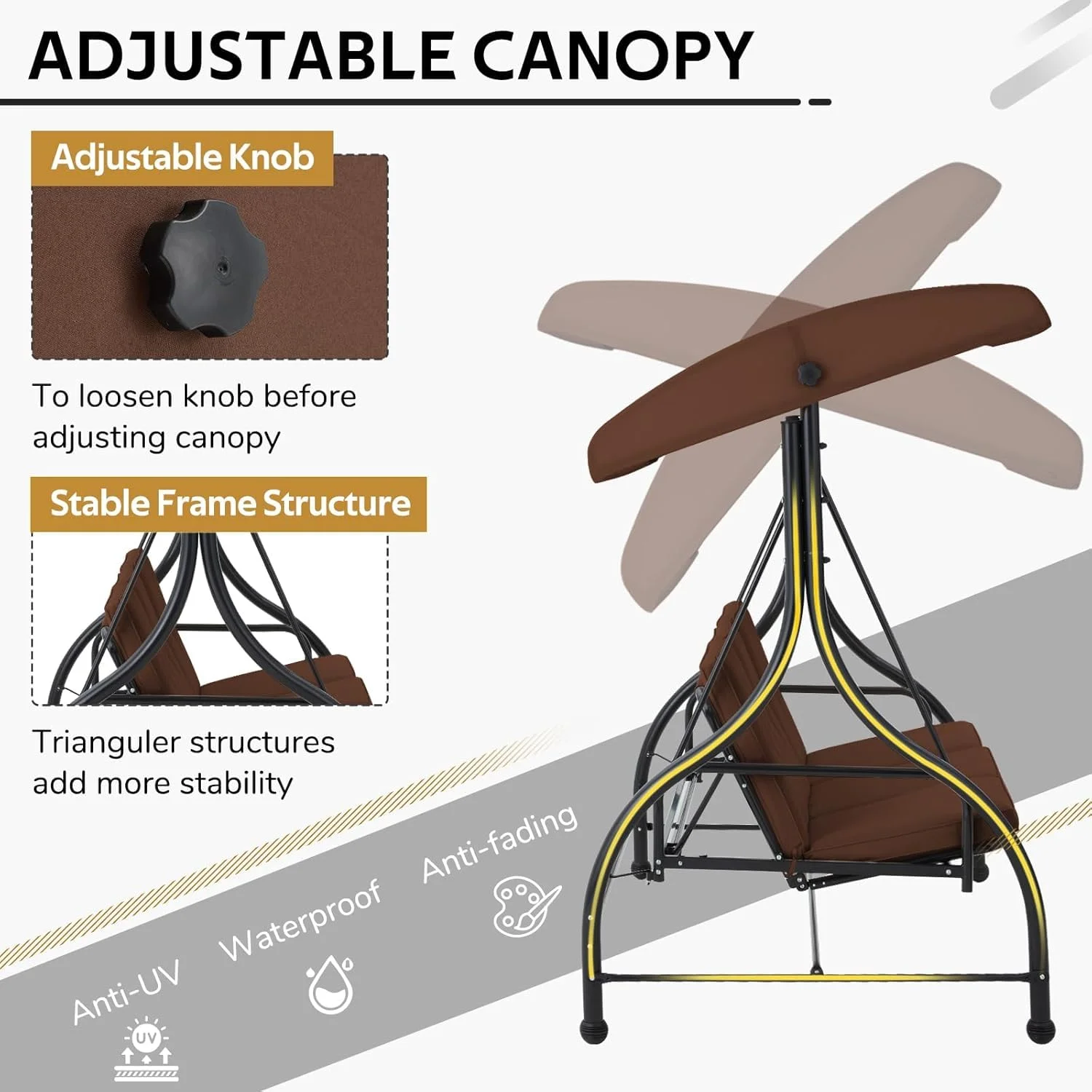 AECOJOY 3 Person Canopy Steel Porch Swing, Converting Swing Glider Hammock-Beige - Image 30