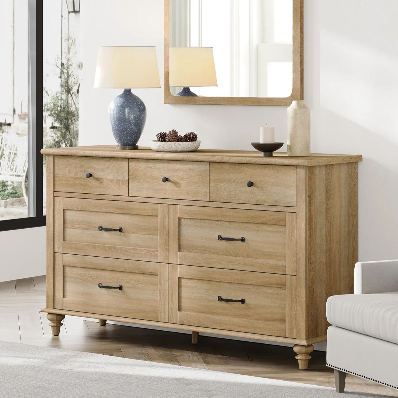 Oak 7 Drawer Dresser for Bedroom, Wooden Chest of Drawers for Living Room