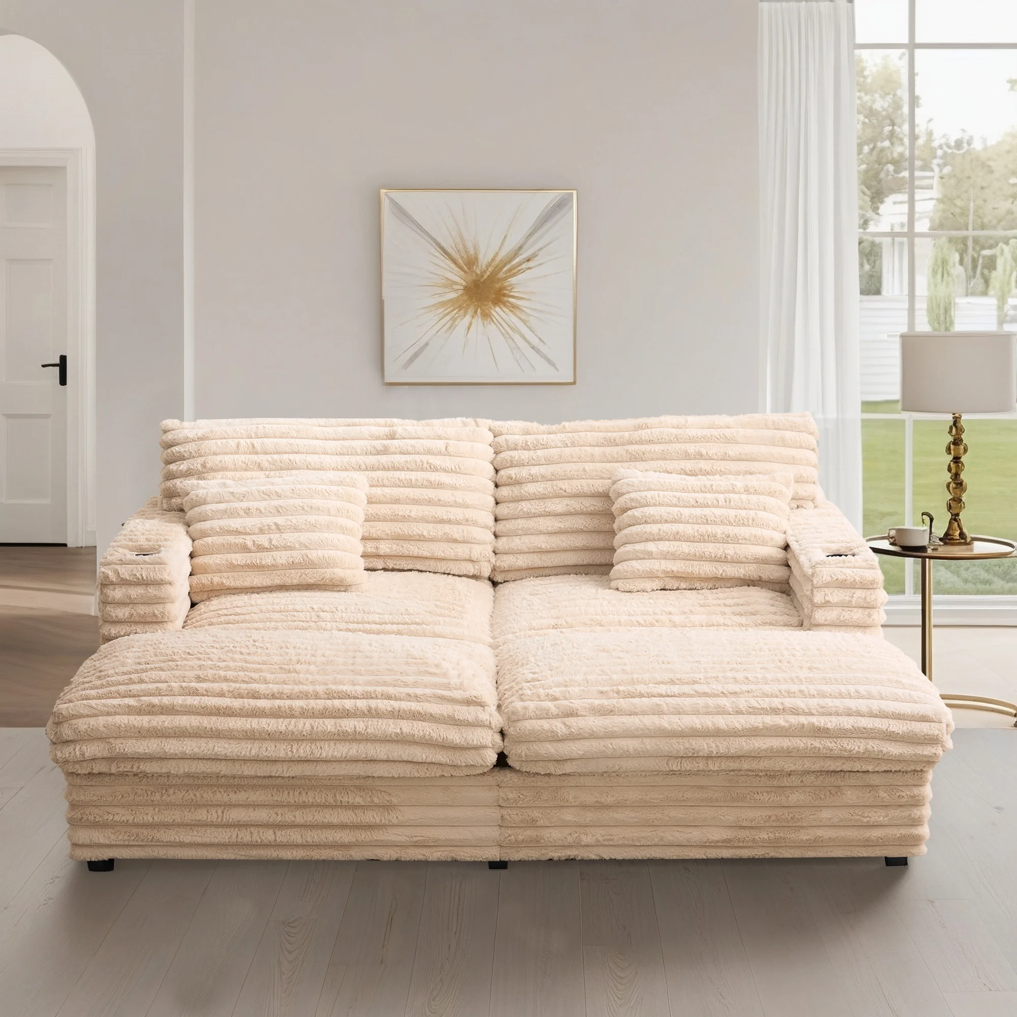 Oversized Double Chaise Lounge, Faux Fur Upholstered Deep Seat Sofa with 2 Pillows, 2 Cupholders, and Dual USB Ports - Image 31
