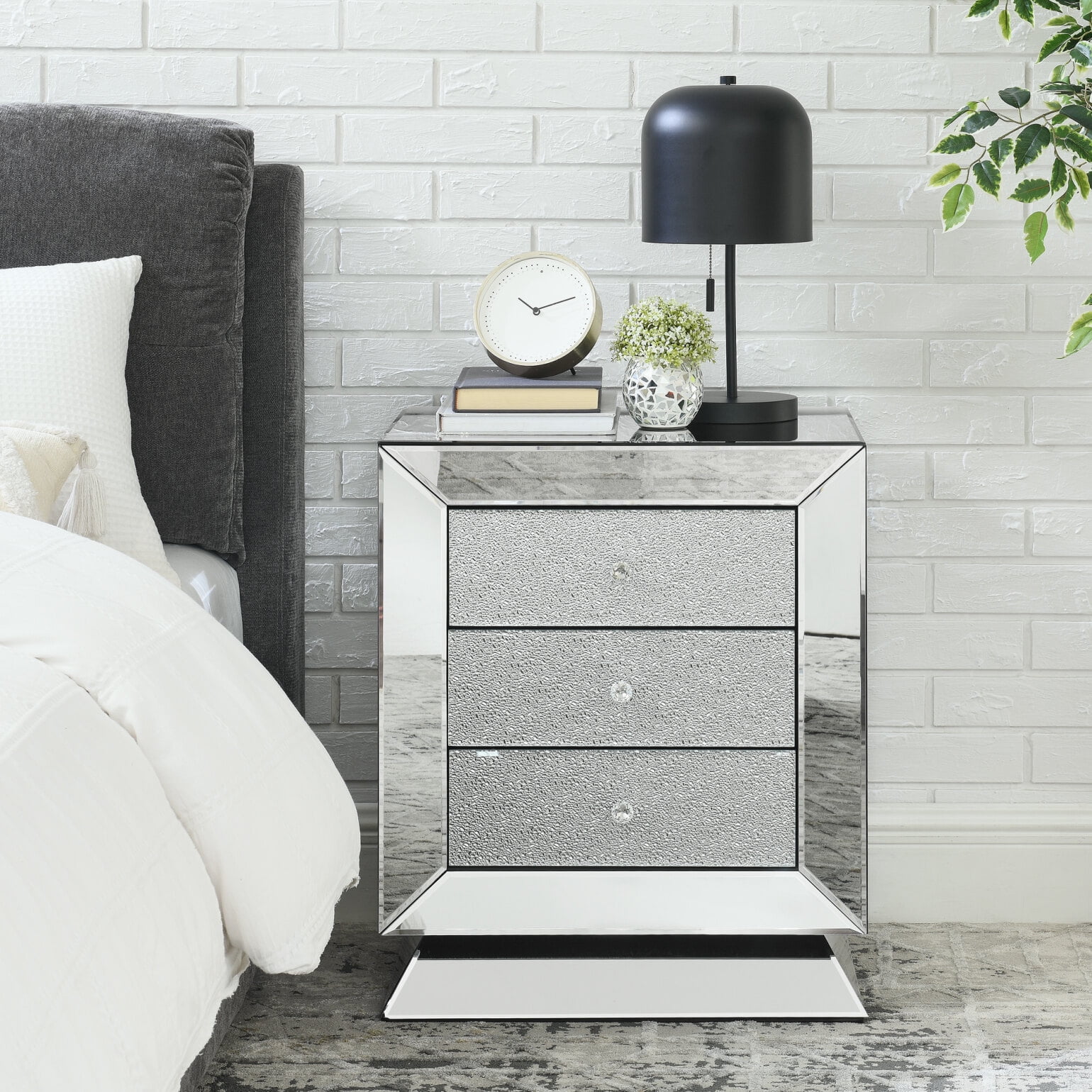 Elegant Mirrored Three-Drawer Cabinet with Diamond-Cut Glass Inlay Drawers, Space-Saving Storage Solution for Living Room, Bedroom, Entryway, Hallway or Sofa Side - Image 2