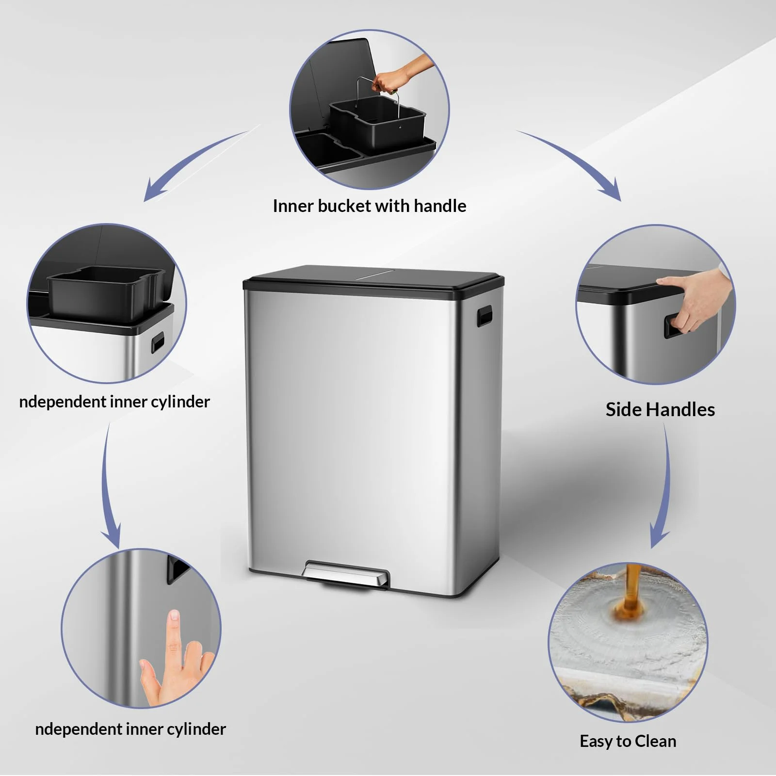JoanKaren 16 Gallon Stainless Steel Dual Compartment Step Kitchen Trash Can with Lid & 2 Removable Wastebaskets,Kitchen Garbage Can & Recycling Bin,Black - Image 14