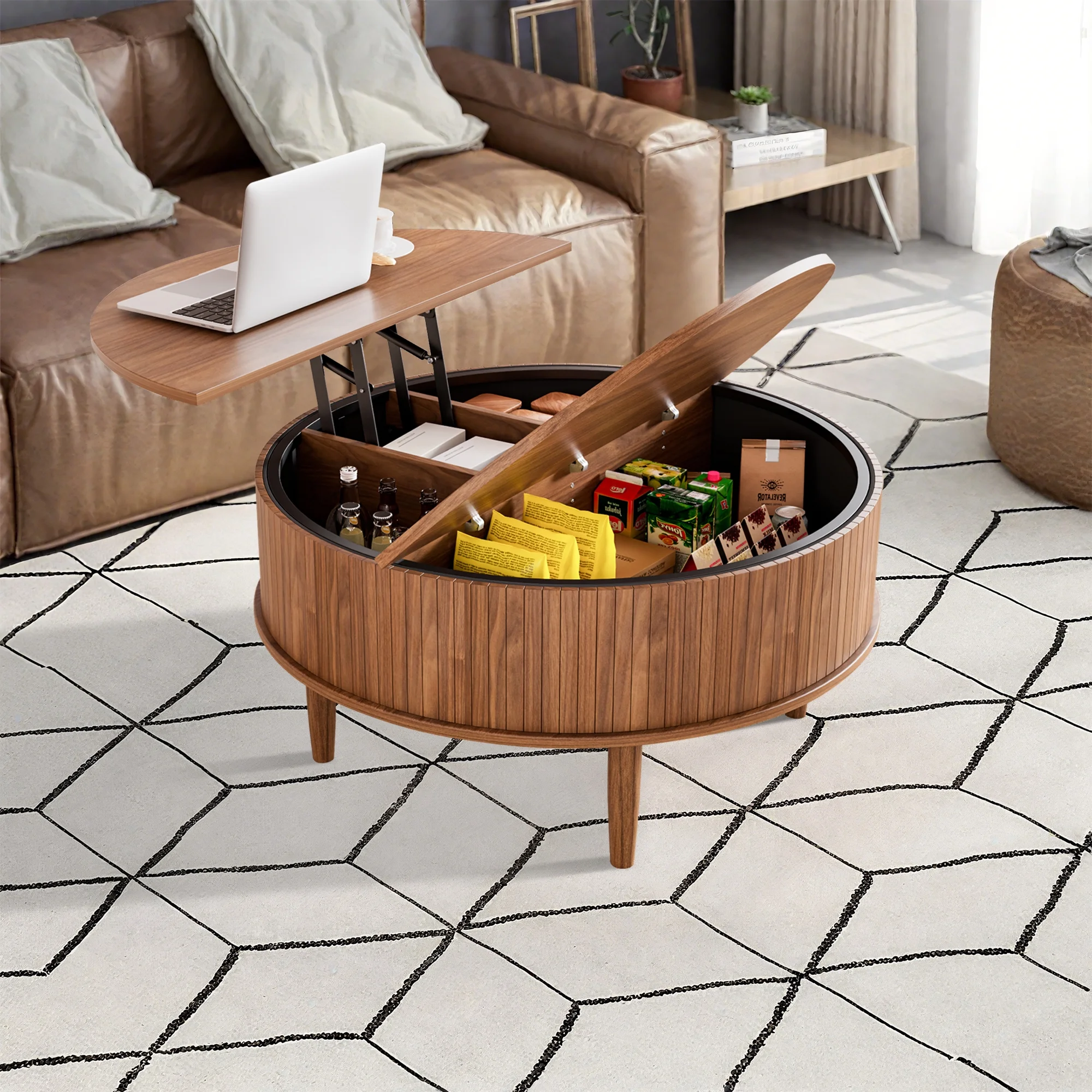 Oubayajia Round Coffee Table, Small Fluted Lift Top Center Table for Home Living Room Office, Walnut - Image 6