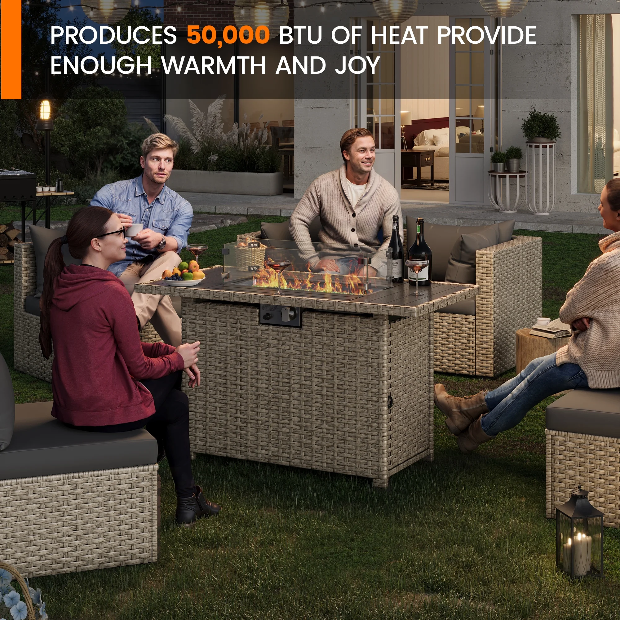 MRUAKA 8 Pieces Patio Furniture Set with Fire Pit Table, Outdoor Furniture Sectional Rattan Sofa with Slanted Back, Patio Couch with Glass Coffee Table for Backyard Garden (Dark Grey)