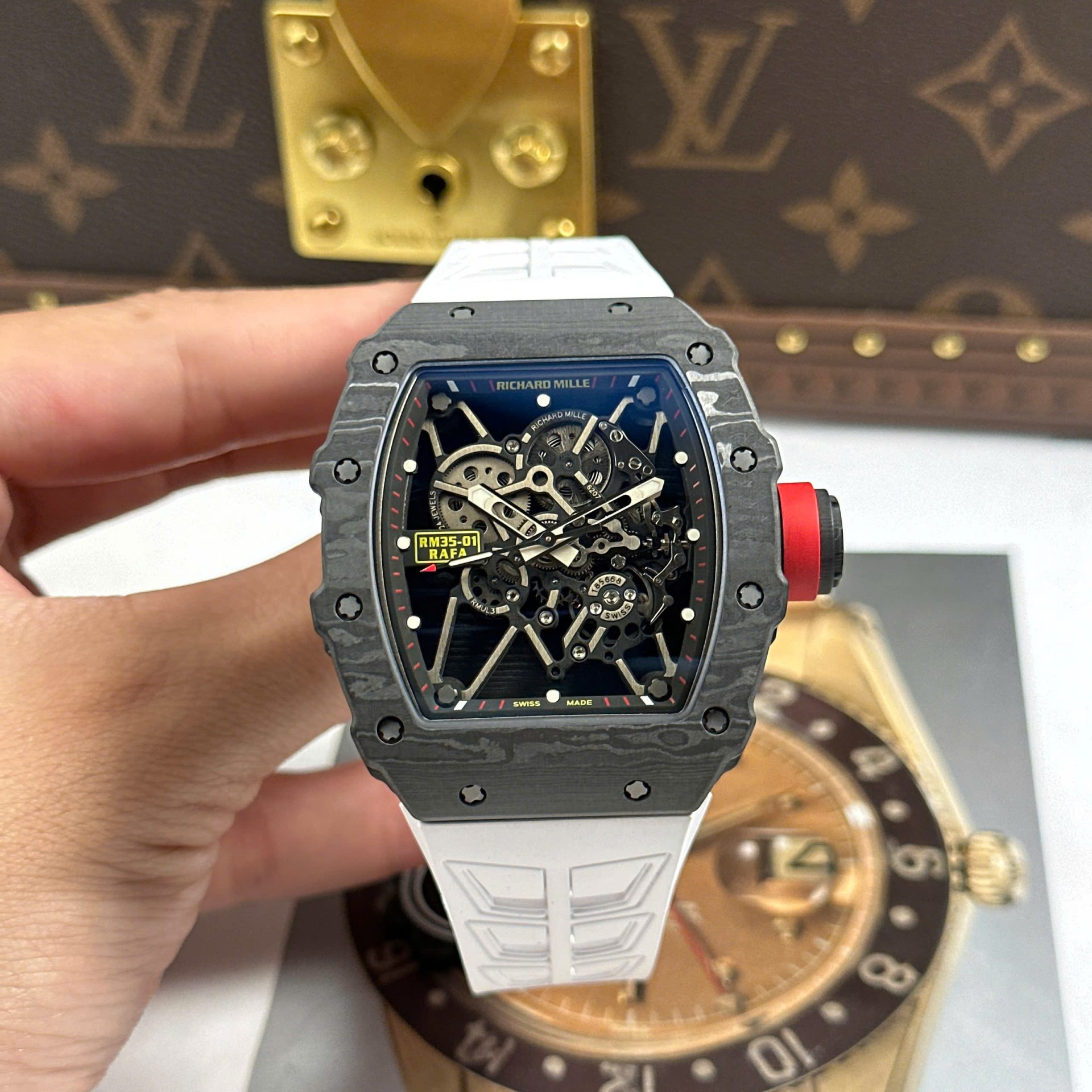 Richard Mille RM35-01 Rafael Nadal Carbon NTPT Best Copies Watches White Rubber Strap ZF Factory 49,9x43mm - Elite Watch Atelier