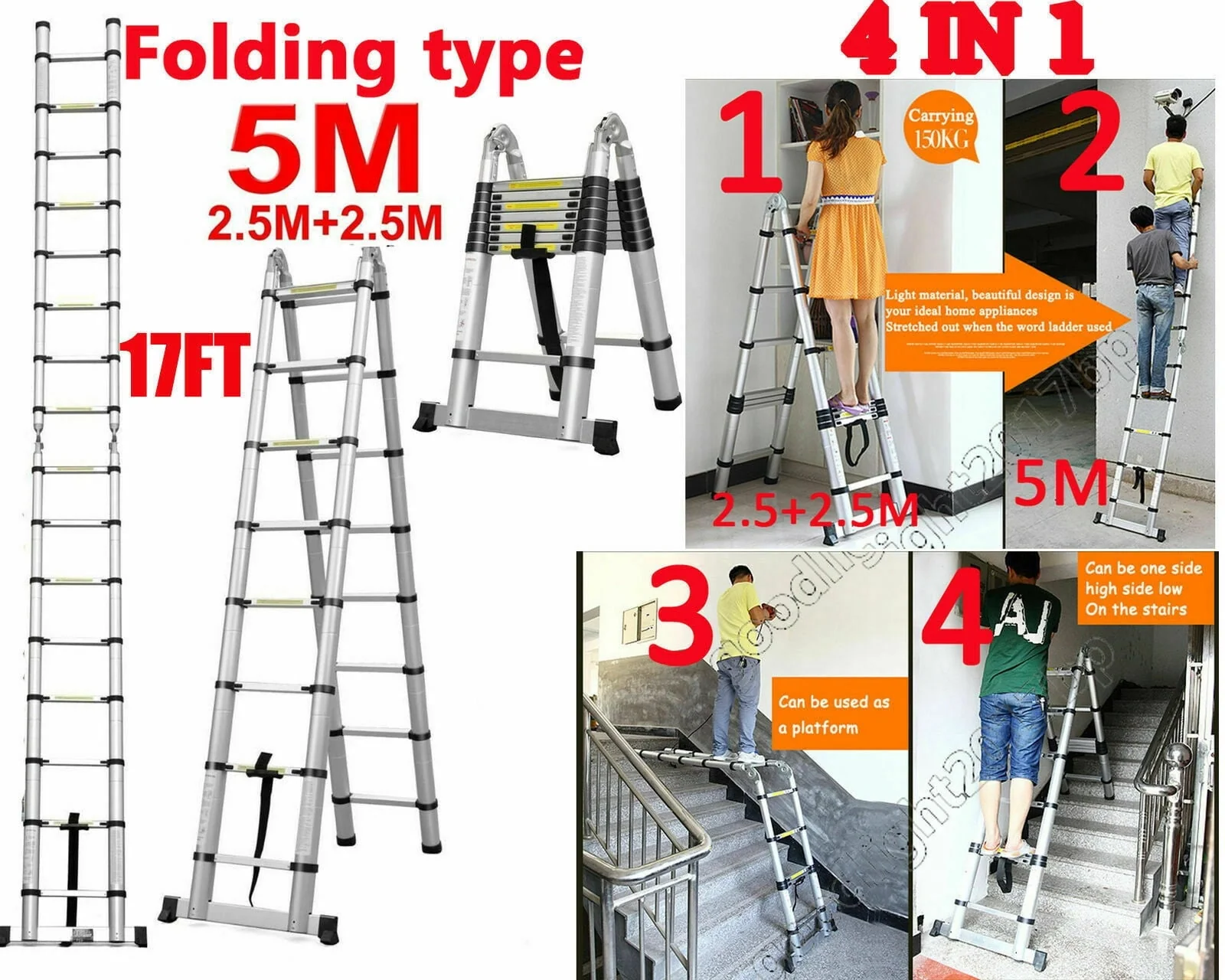 Bowoshen Telescopic Loft Ladder 16.5Ft Extendable Collapsible Step Ladders Securing Bolt 330lb Loading EN131 Certified - Image 5
