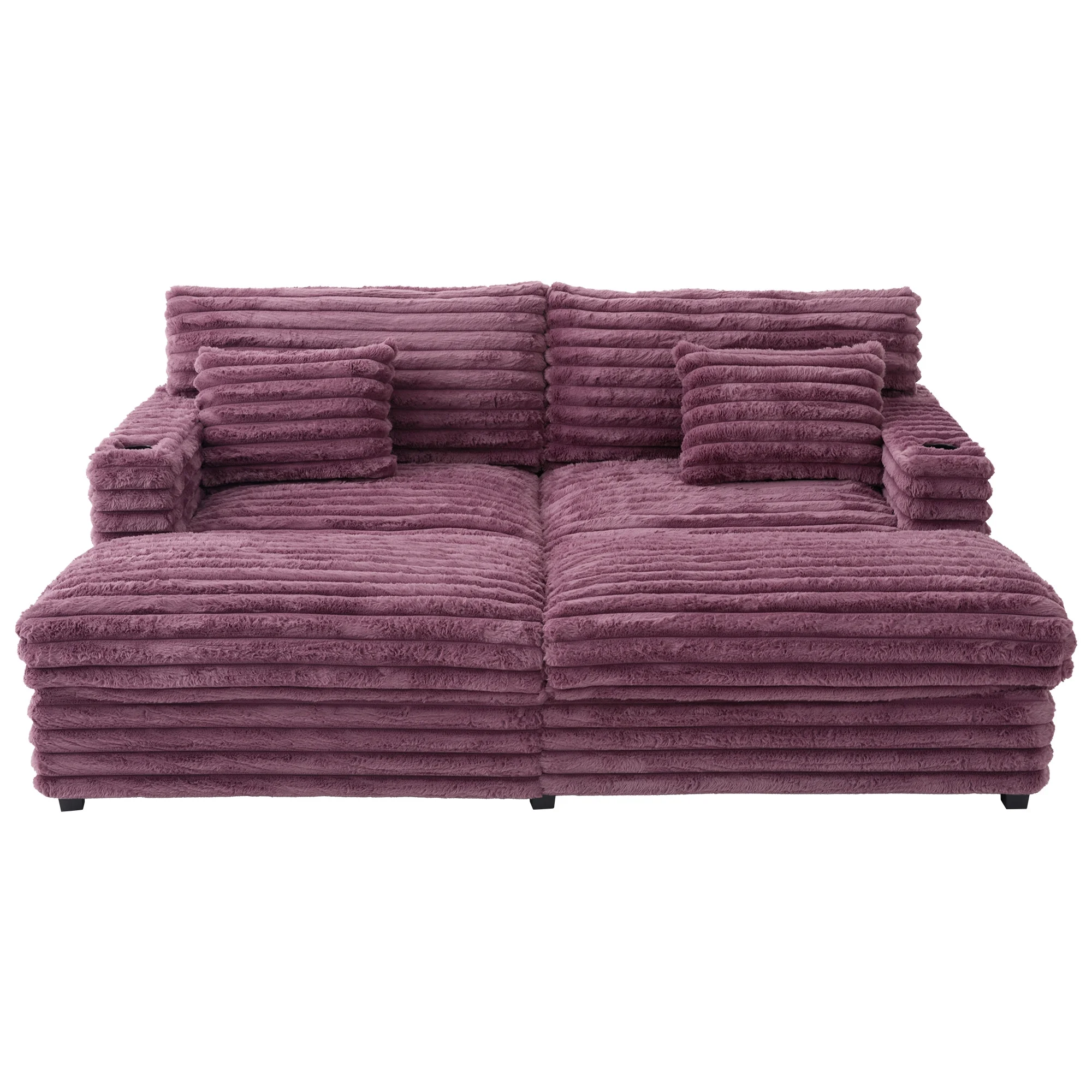 Oversized Double Chaise Lounge, Faux Fur Upholstered Deep Seat Sofa with 2 Pillows, 2 Cupholders, and Dual USB Ports - Image 16