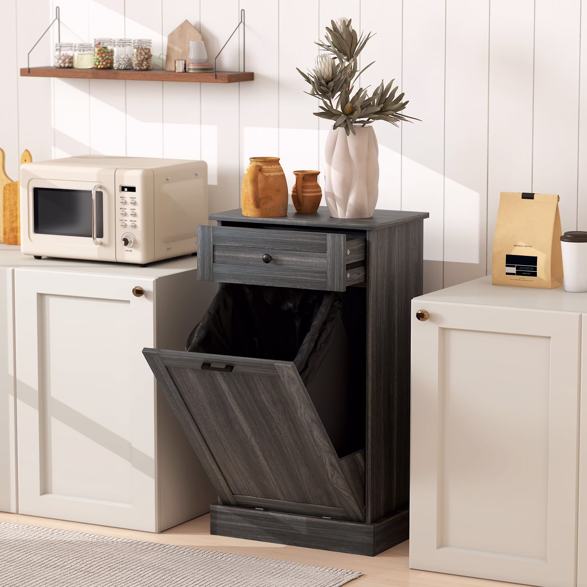 HOMCOM Kitchen Tilt Out Trash Bin Cabinet, Free Standing Recycling Cabinet - Image 3