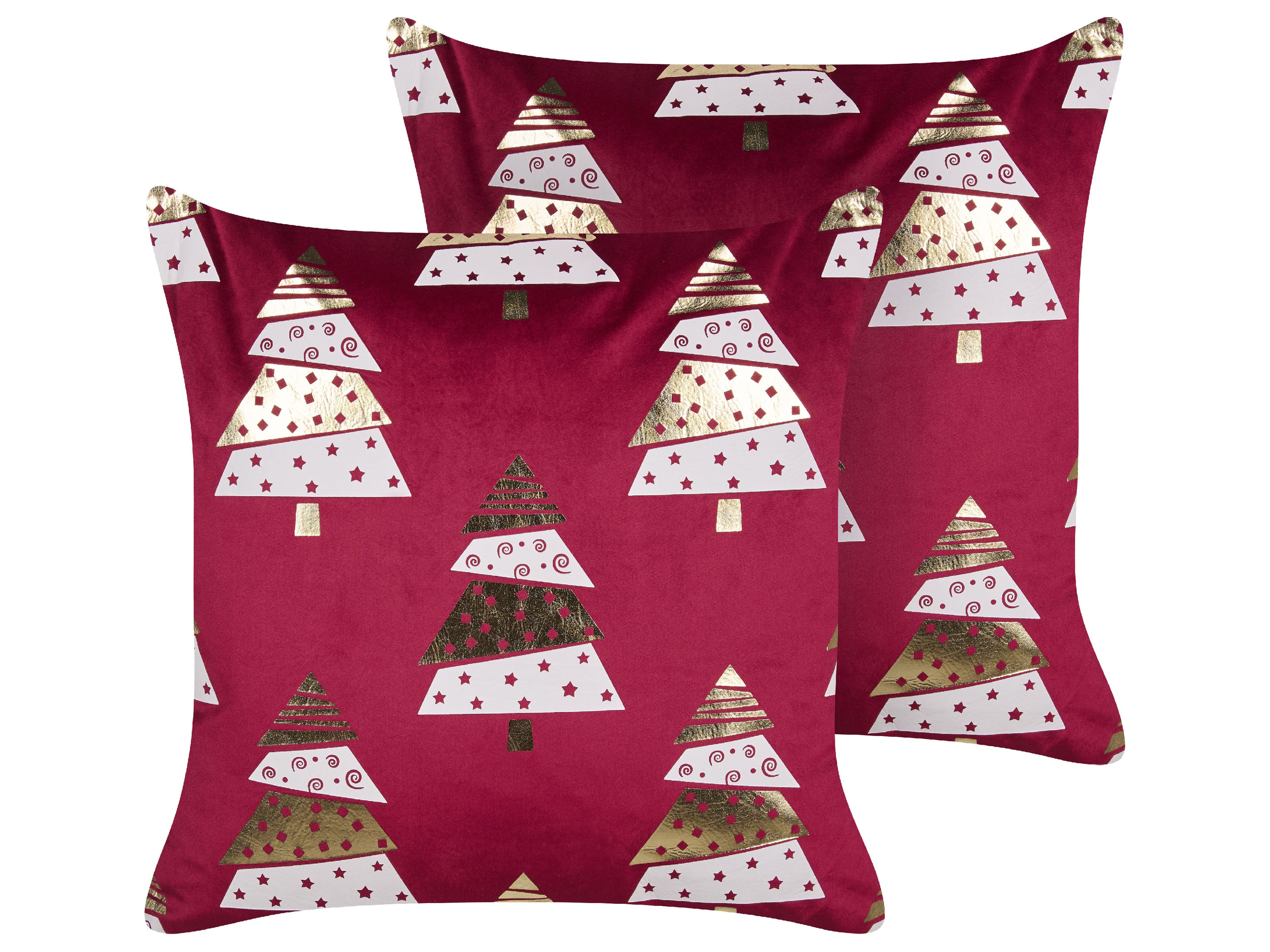 Set of 2 Decorative Cushions GOLDSPRUCE Velvet 45 x 45 cm Red Christmas Motif