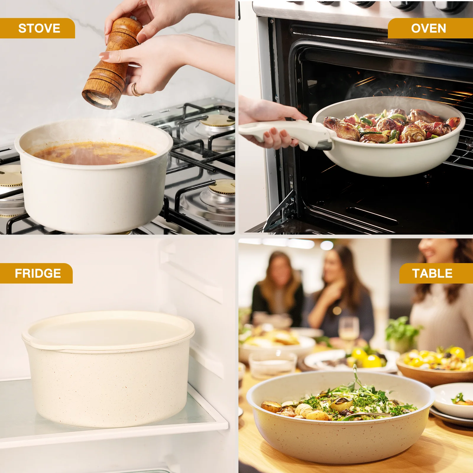 Astercook 22 Piece Ceramic Pots and Pans Set Non Stick, Cookware Set with Detachable Handles, Oven Safe, Induction Ready, Stackable RV Kitchen Cooking Set, Cream White - Image 8