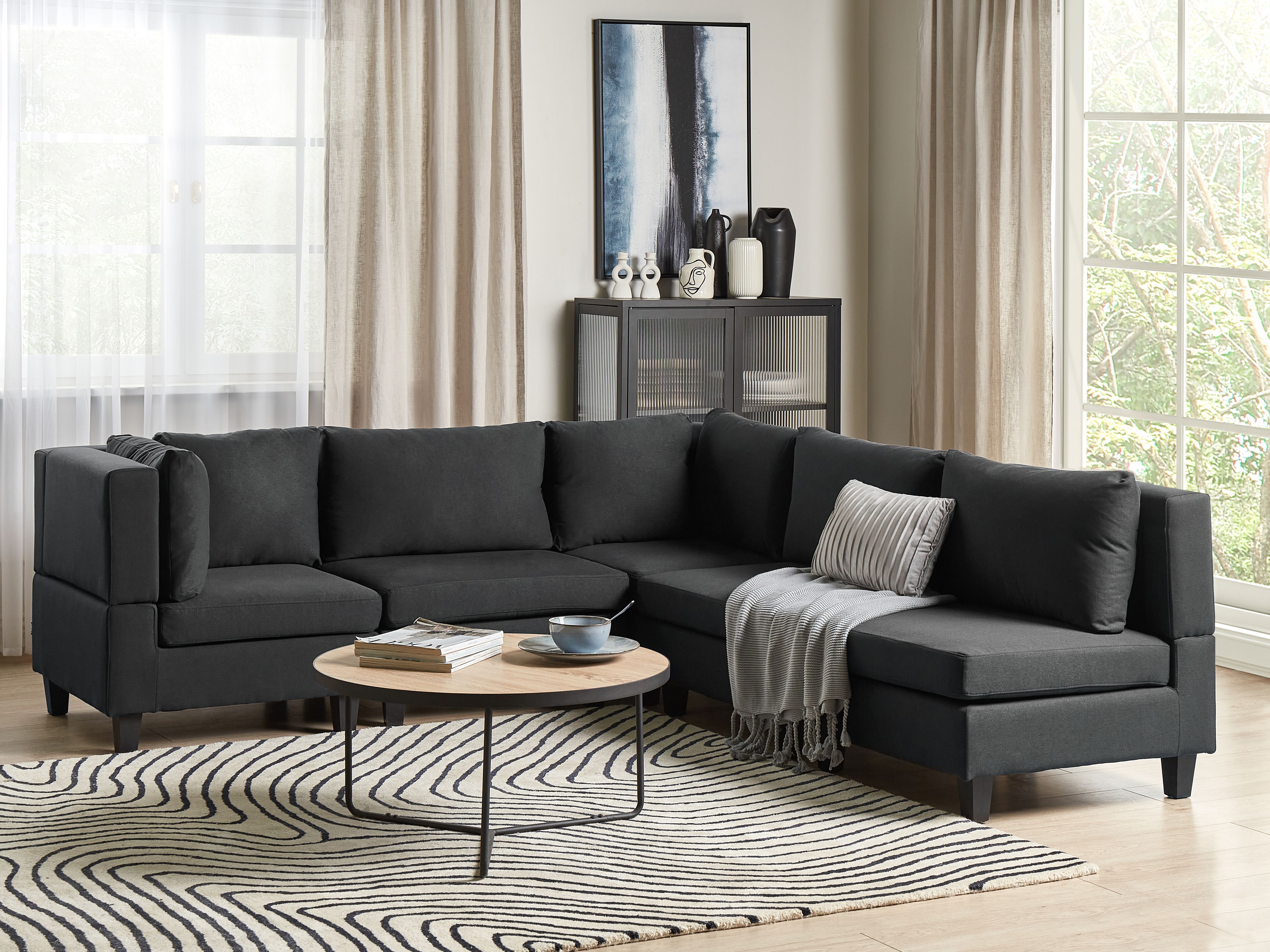 Modular Corner Sofa 5 Seater UNSTAD Fabric Black Right Hand