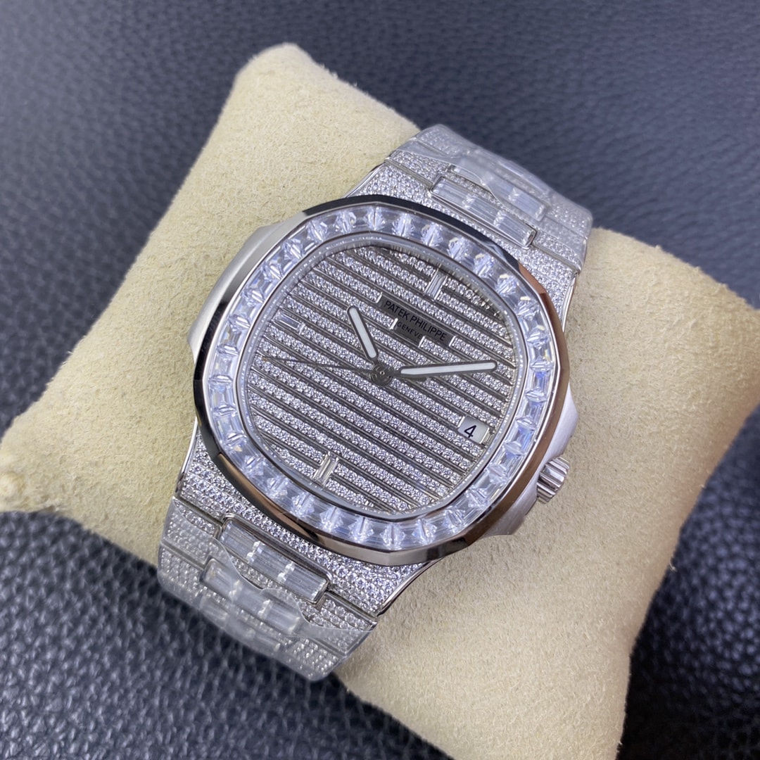 Fake diamond watch Patek Philippe Replica Nautilus Date Sweep Seconds White Gold/Diamonds Dial & Bezel 5719/10G-010 TWF(1:1 replica) - Top club