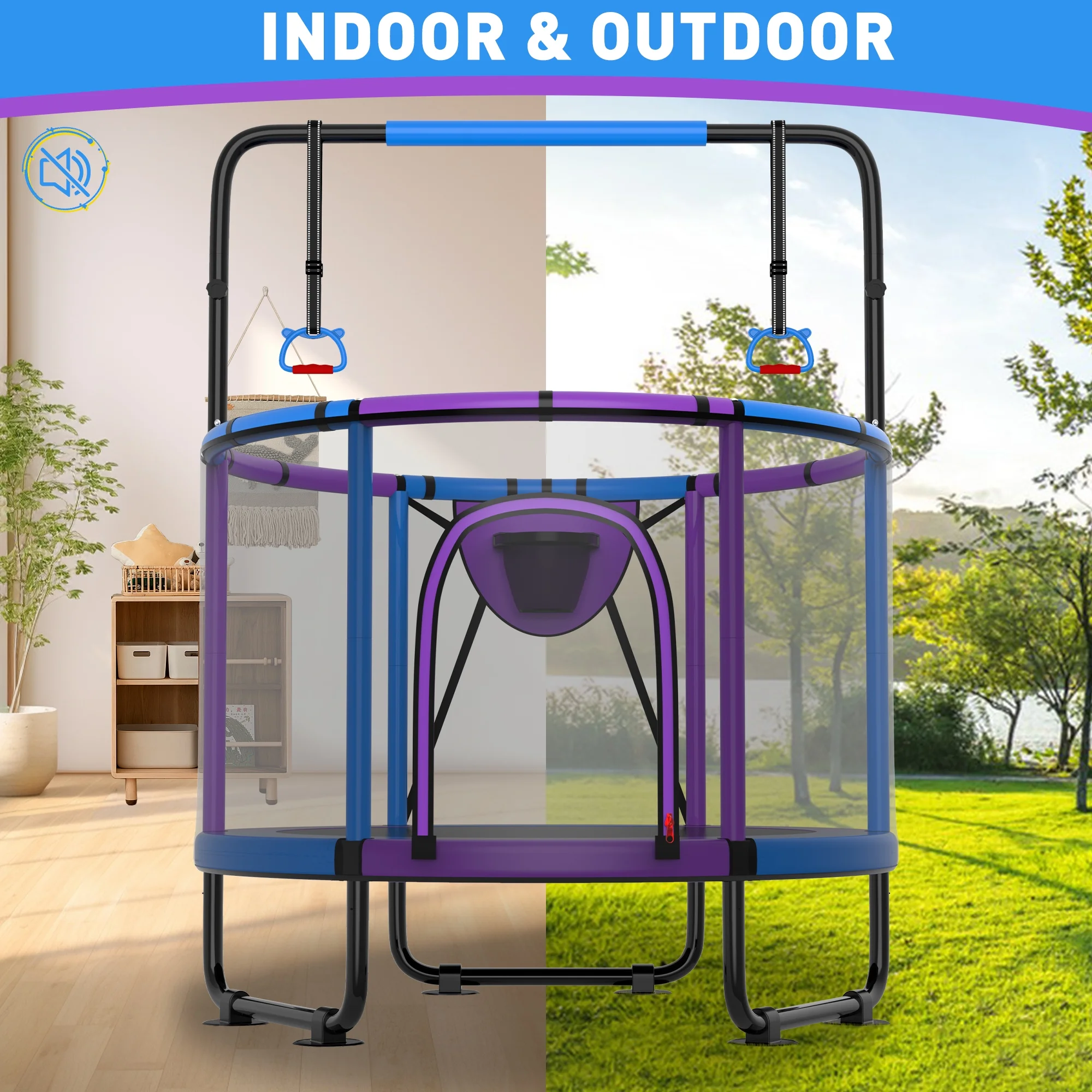 CITYLE Trampoline for Kids 600LBS 60'' 5FT Toddler Trampoline Indoor Outdoor with Basketball Hoop, Swing, Adjustable Bar, Mini Small Trampoline with Enclosure, Gifts for Toddlers, Boys & Girls - Image 45