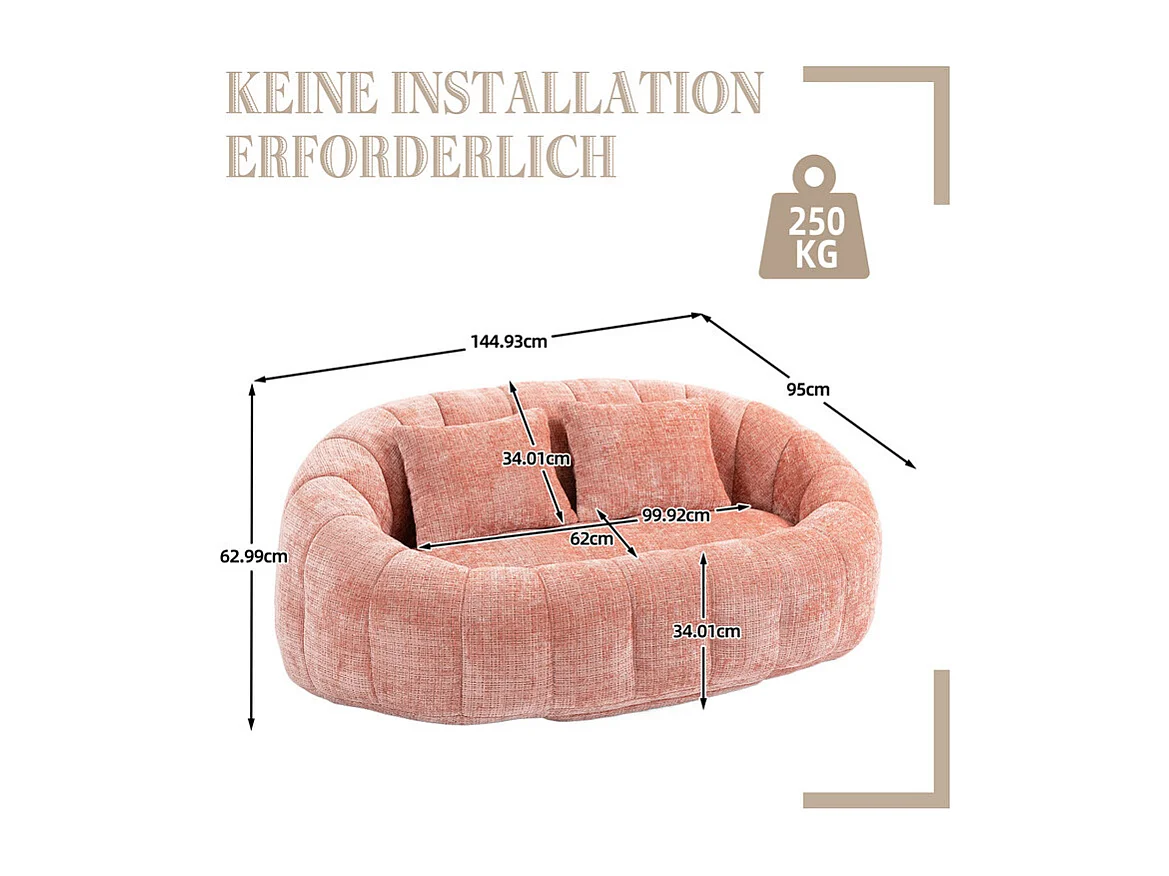 Fauteuil paresseux en Chenille - 2 places - avec 2 oreillers - 62cm profondeur d'assise - charge max 250kg - Rose