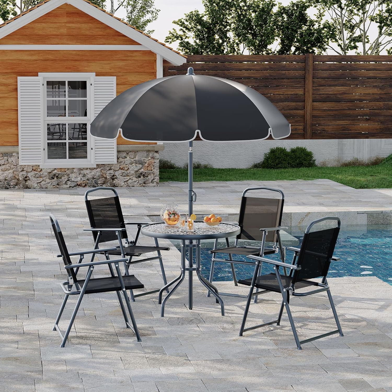 6 Pieces Outdoor Dining Set With Umbrella, Patio Table and 4 Folding Chairs With Umbrella, Garden Patio Furniture Set With Umbrellas, Tempered Glass Top Dining Table - Image 4