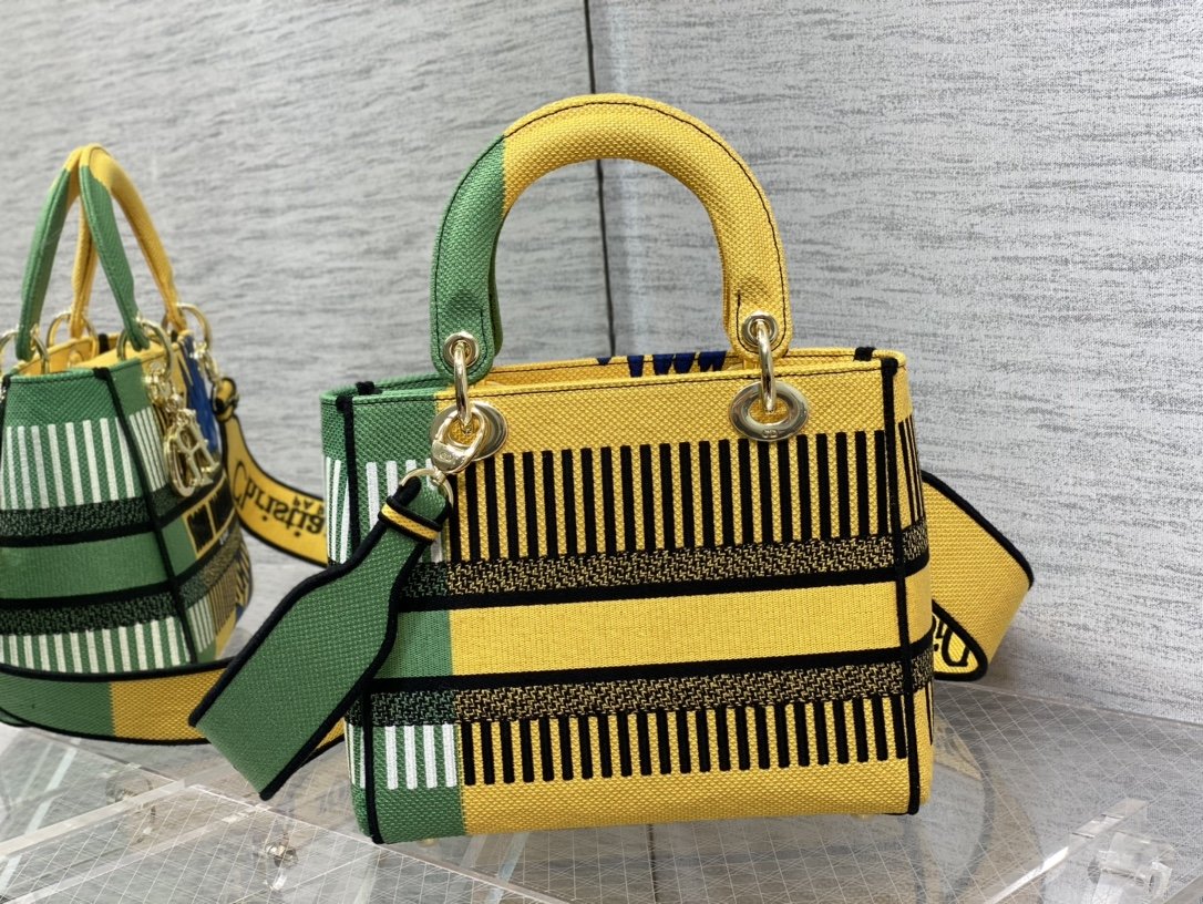 Christian Dior Medium Lady D-Lite Bag D-Flower Pop Embroidery, Bright Yellow/Green, For Women Women’s Handbags, 24cm CD M0565OROO_M8861:1High-quality replica