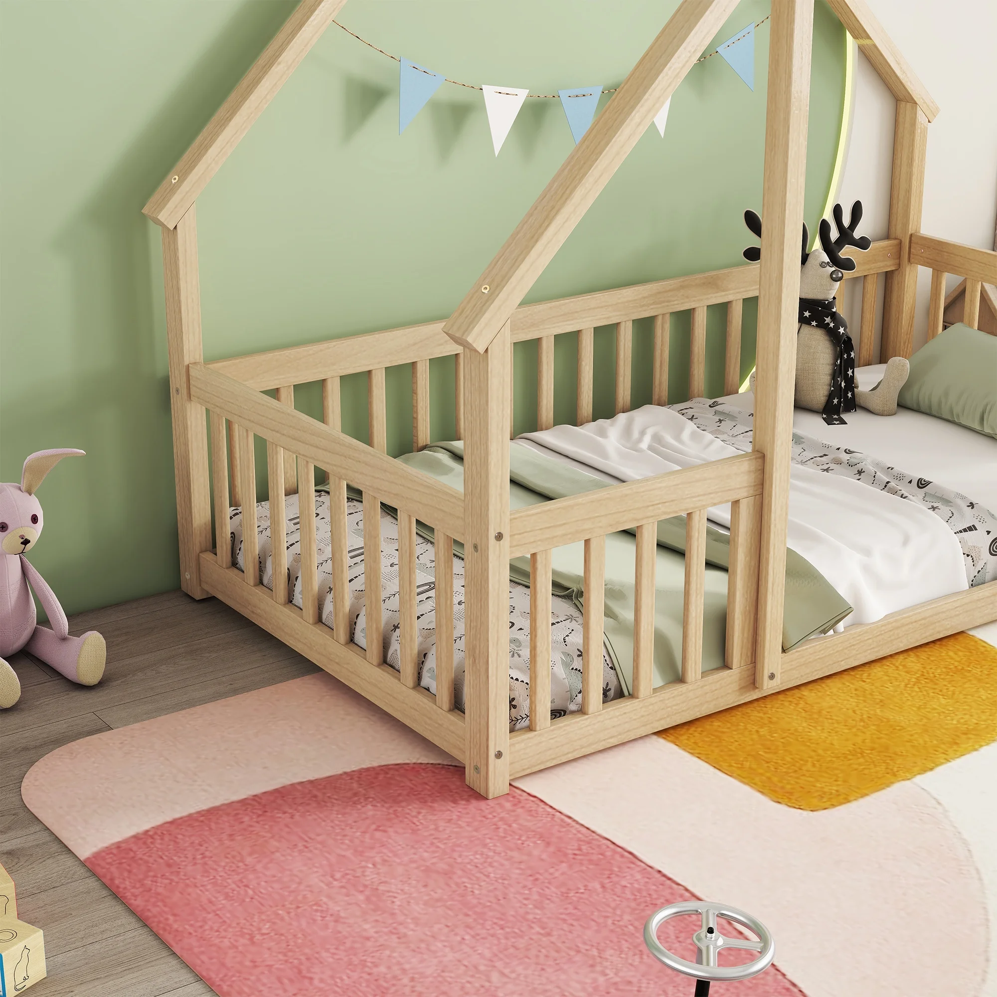 Bellemave Twin Size Floor Bed Frame, Wooden House Bed Twin Size with Fence, Montessori Bed with Guardrails for Bedroom (White) - Image 43