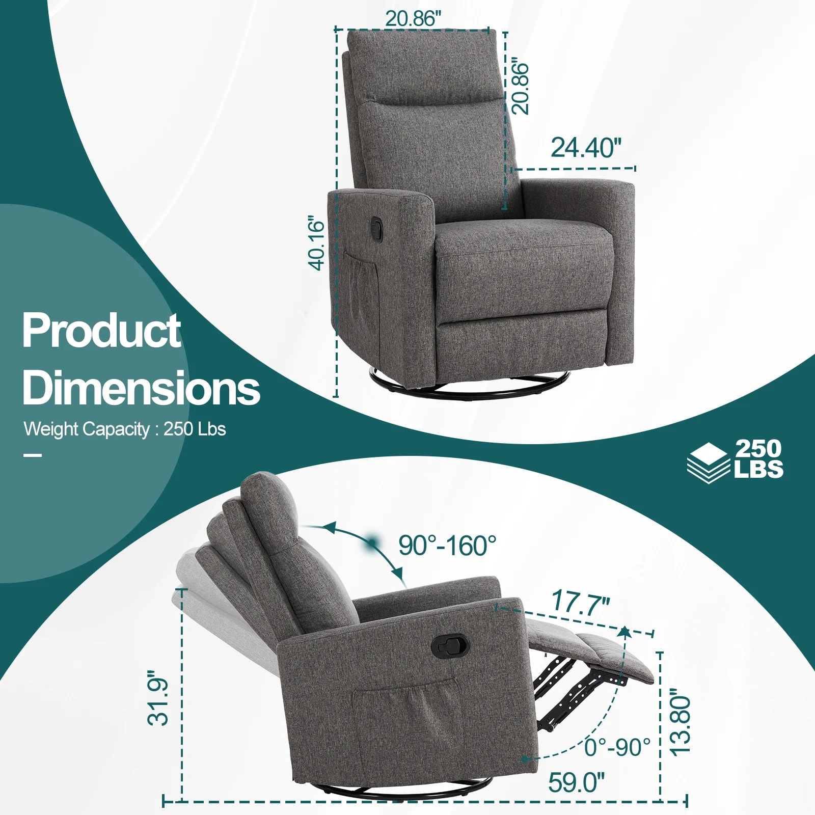 Recliner Message Chair with Footrest, Swivel Rocking Glider, High Back Upholstered Deep Seat for Living Room, Grey - Image 10