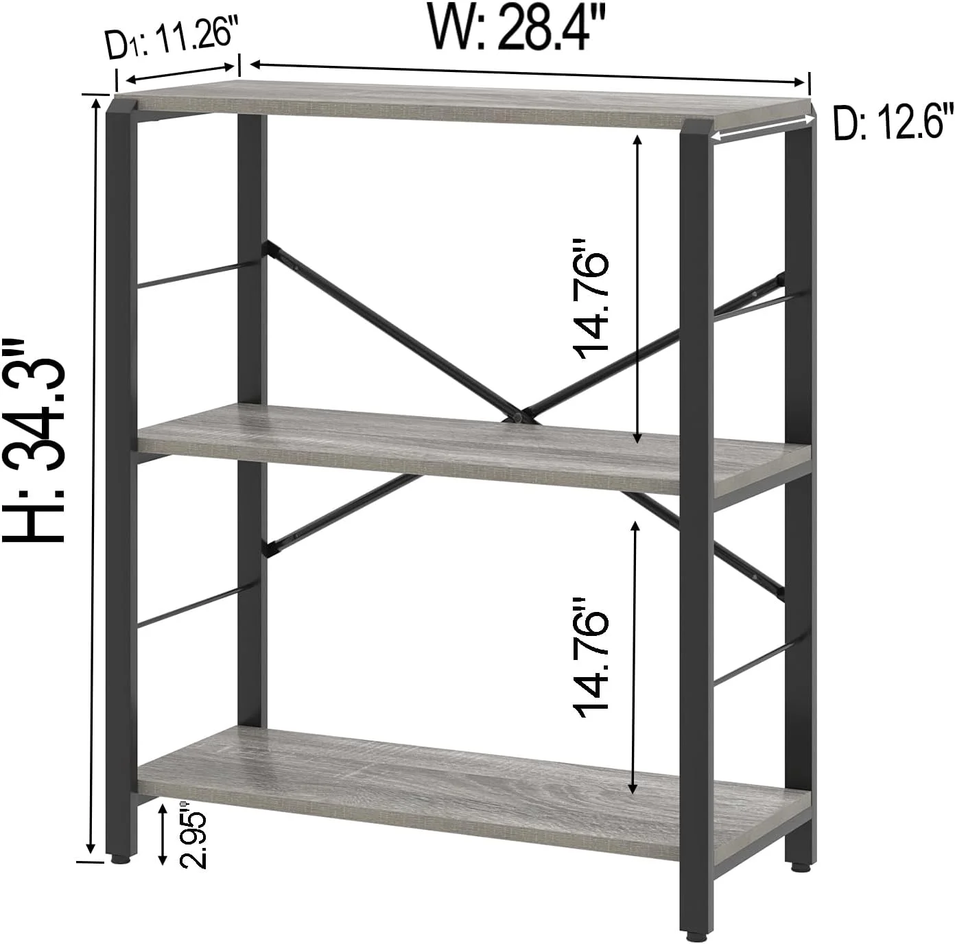 Small Bookshelf and Bookcase, 3 Tier Low Short Book Shelves, Rustic Wood and Metal Shelving Unit for Small Spaces, Bedroom Living Room, Light Grey