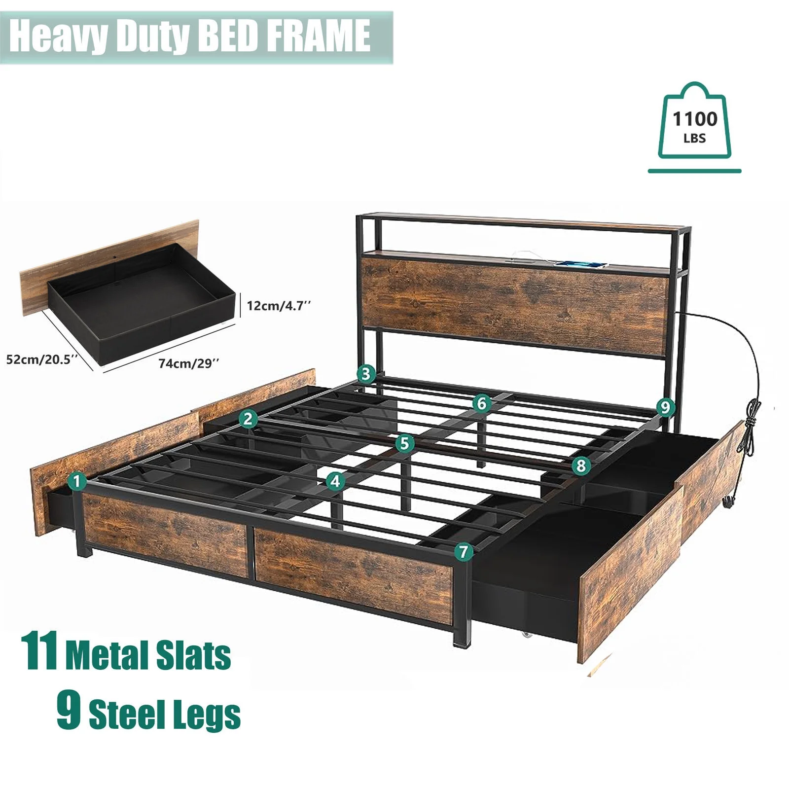 LED Full Bed Frame with Storage Headboard & 4 Drawers, Industrial Metal Platform Bed with Power Charging Station & USB Ports - Image 7