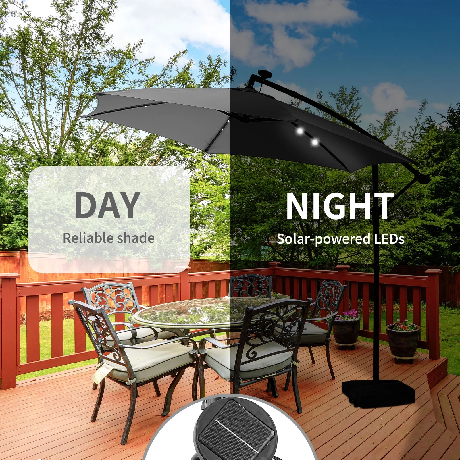 Ainfox 10ft Cantilever Patio Umbrella with Lights, Offset Market Umbrella with Sandbags Weighted Base and Cross Base,Khaki - Image 17
