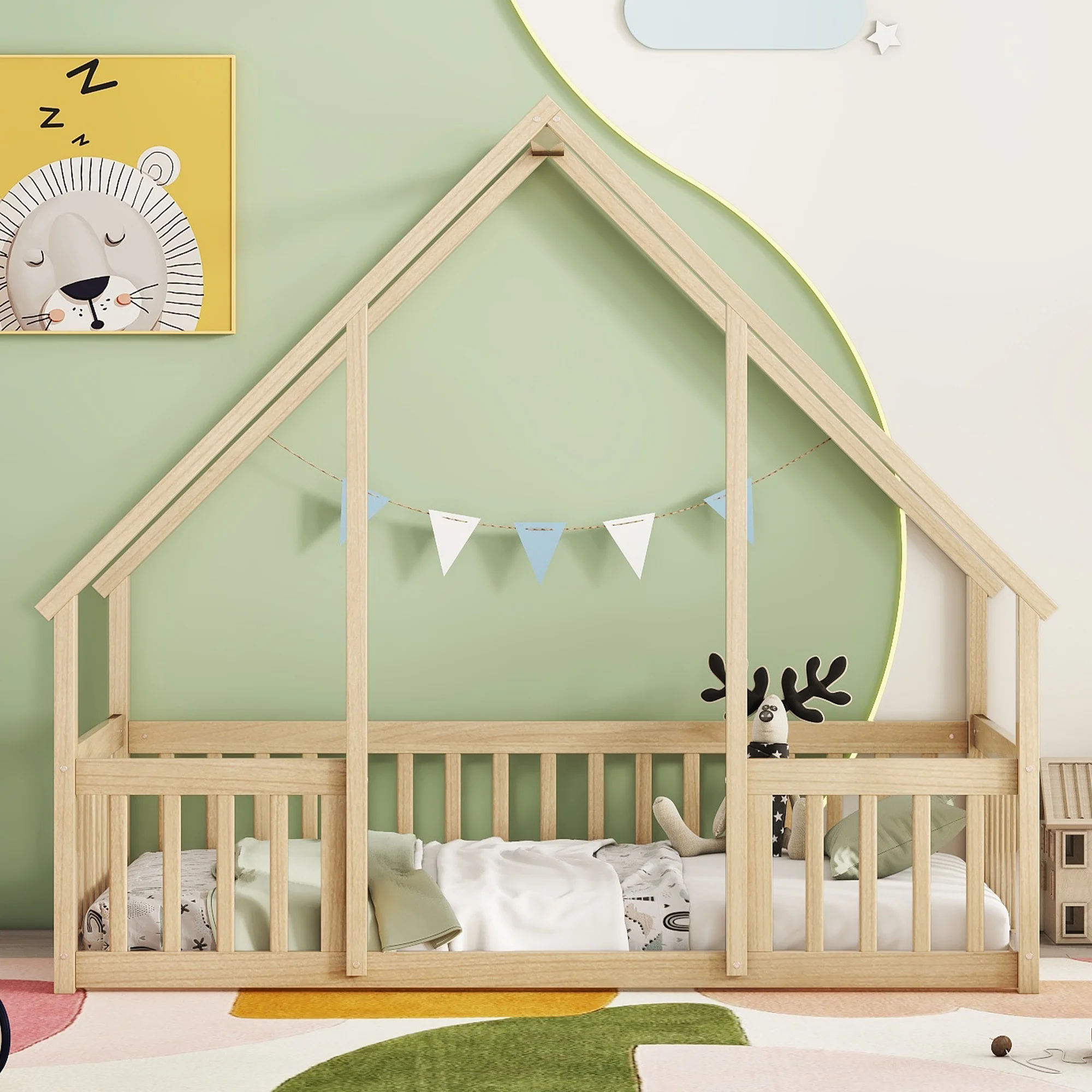 Bellemave Twin Size Floor Bed Frame, Wooden House Bed Twin Size with Fence, Montessori Bed with Guardrails for Bedroom (White) - Image 40