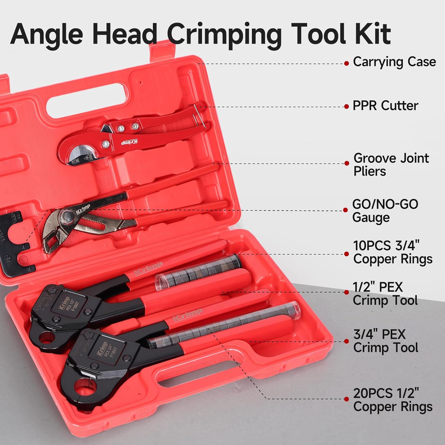 iCrimp Angle Head F1807 PEX Pipe Crimping Tool for Copper Rings - 1/2&3/4-inch Two Crimper Set with 9.5