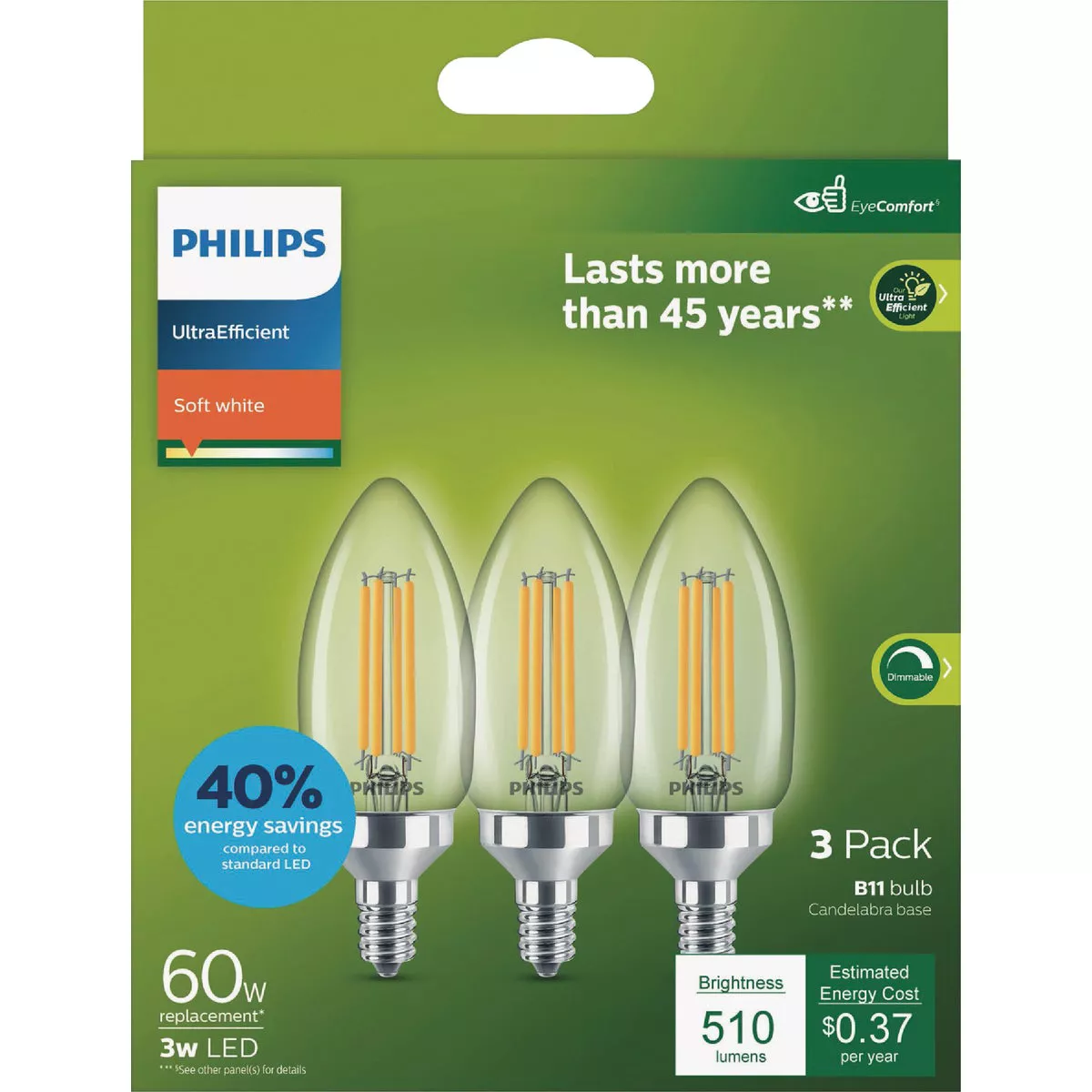Philips Ultra Efficient 60W Equivalent Soft White B11 LED Light Bulb (3-Pack)