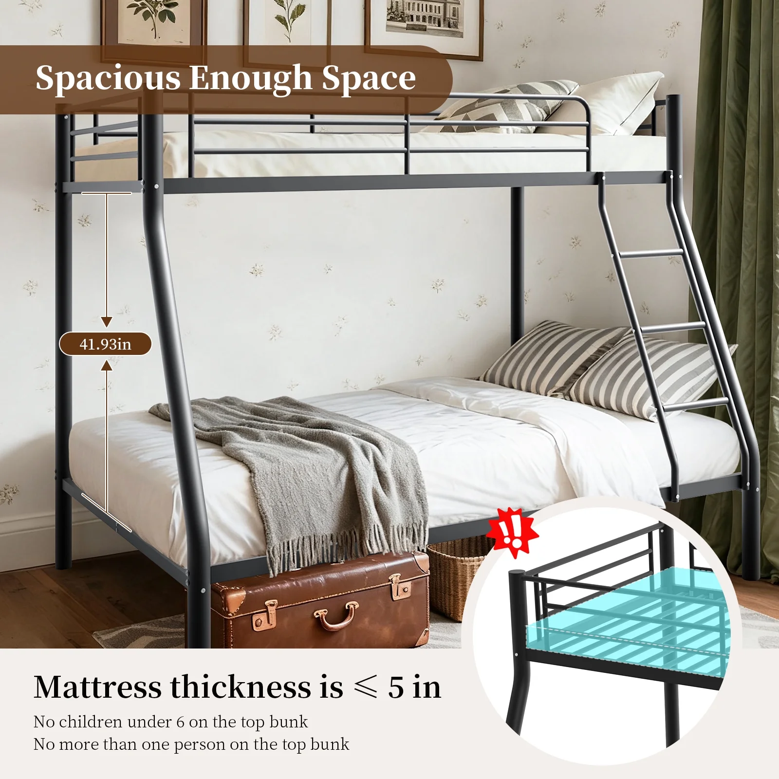 Capri Twin over Full Size Metal Bunk Bed for Teens Adult with 12