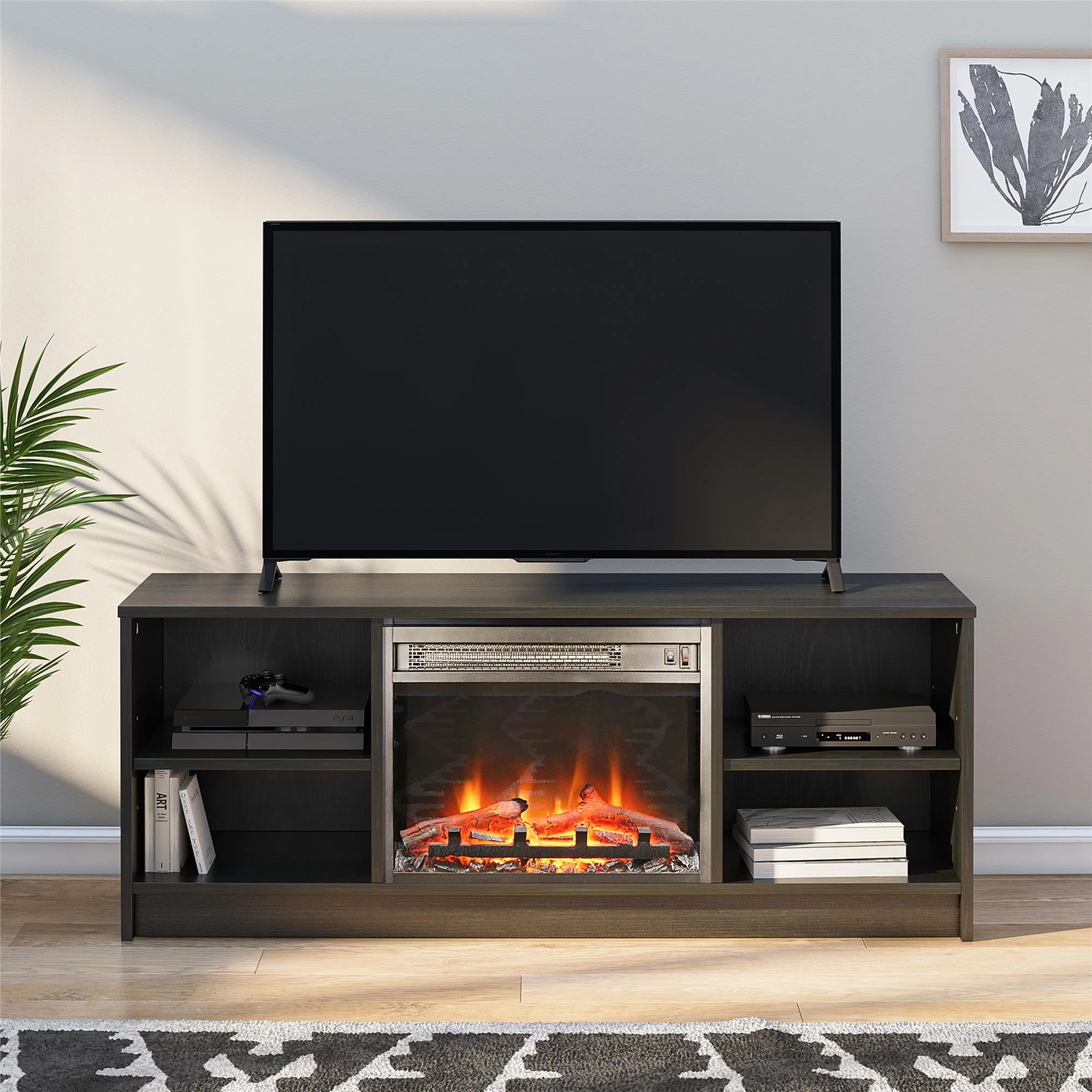 Mainstays Fireplace TV Stand, for TVs up to 55", Black Oak - Image 2