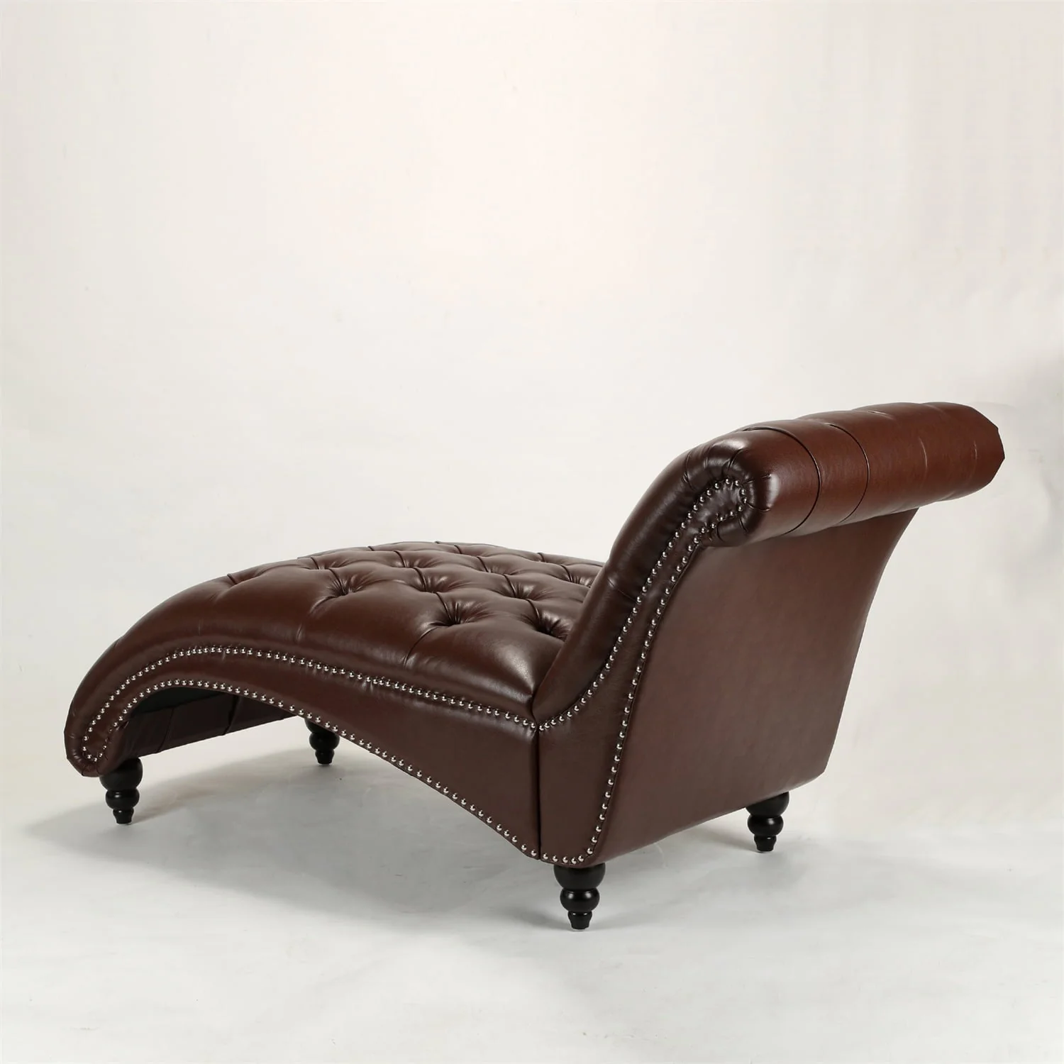 PU Leather Tufted Chaise Lounge Chair, Single Sofa Chaise Chair with Nailhead Trim and Turned Legs for Living Room Bedroom, Brown - Image 2