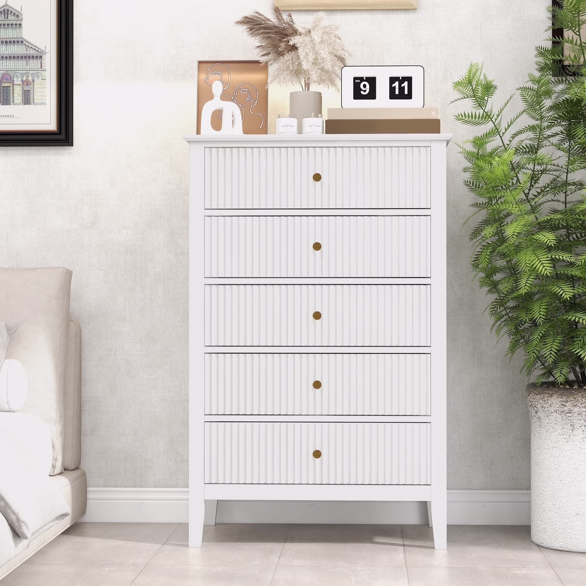 May Color Large White 3 Drawer Dresser Set of 2 with Fluted Panel, Modern Chest of Drawers with Silent Slide Drawers, Wood Accent Nightstand with Storage for Bedroom Living Room, Hallway - Image 9