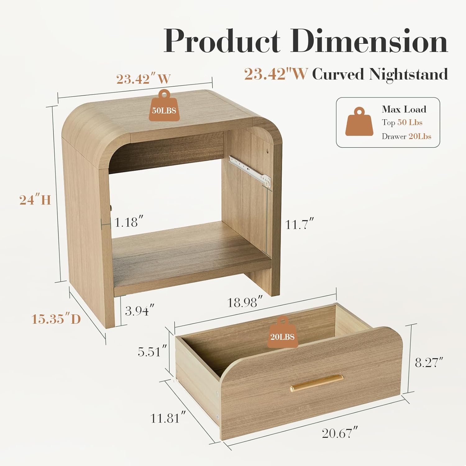Night Stand Set of 2 [Unique Curved Profile] [FSC-Certified Wooden Board] 1-Drawer and 1 Storage Shelf Nightstand 24