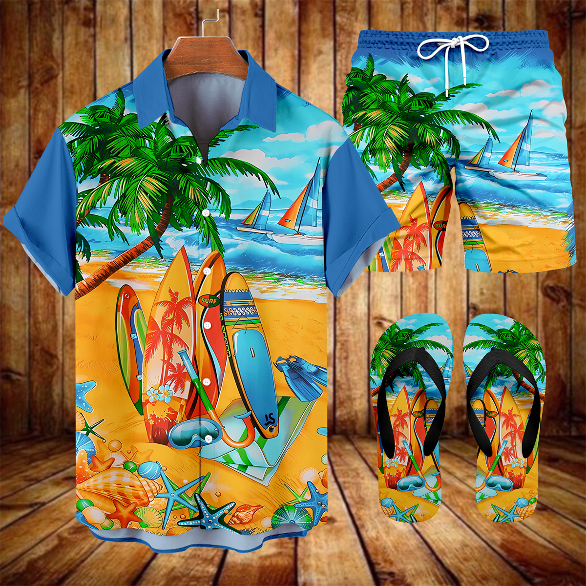 Suitmens Men's Tiki Party Hawaiian Vacation Print Three-Piece Set 021