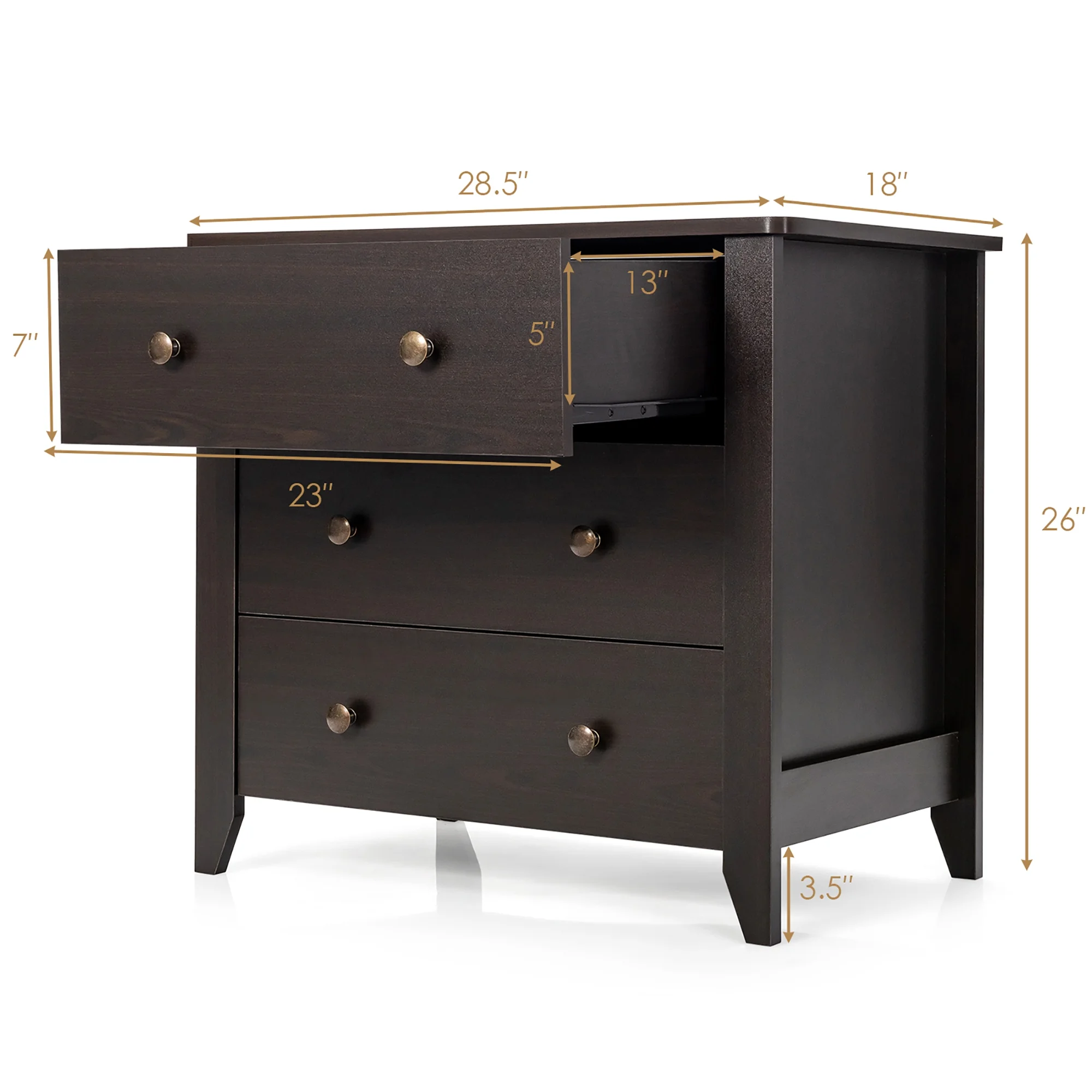Gymax 3 Drawer Dresser Chest of Drawers Bedside Table for Living Room Bedroom Espresso - Image 4