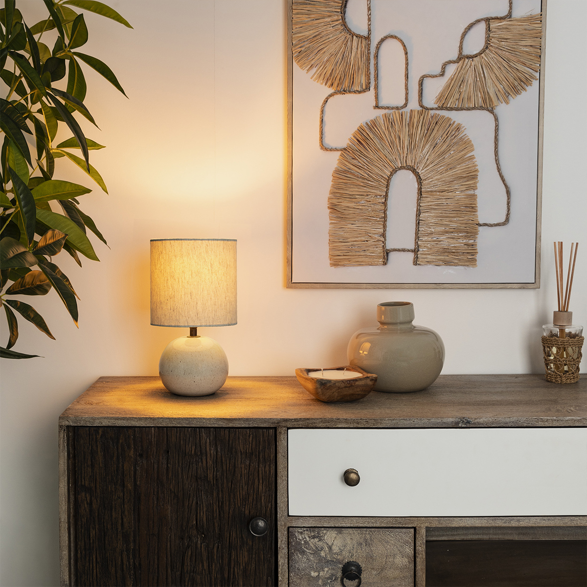 Lamp "Gaia" Linen lampshade, White, H.26.5 cm