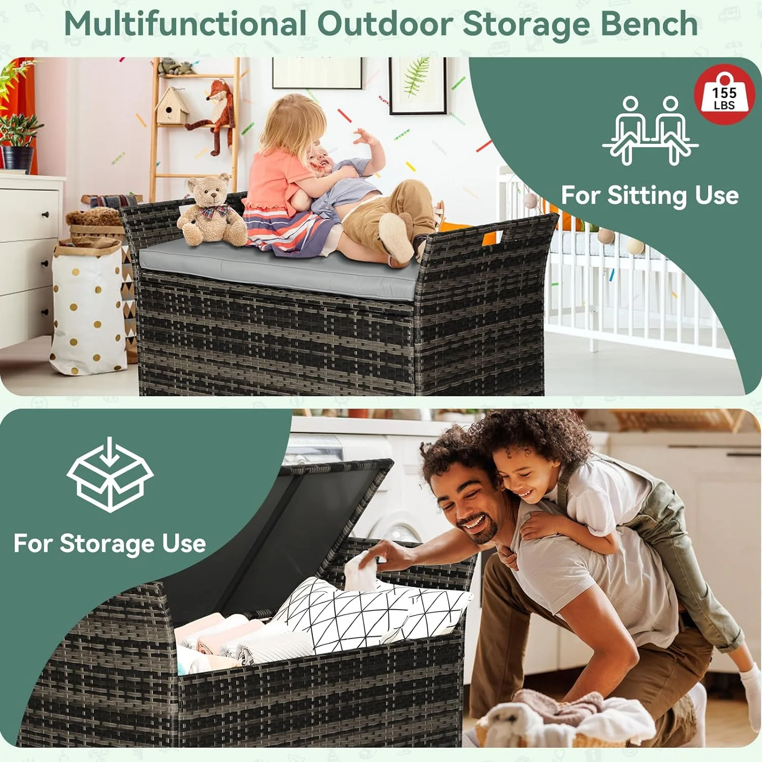 SOLAURA 90 Gallon Patio Wicker Storage Bench w/Cushion, Outdoor Rattan Deck Storage Box w/Handles & Hydraulics, Gray - Image 8