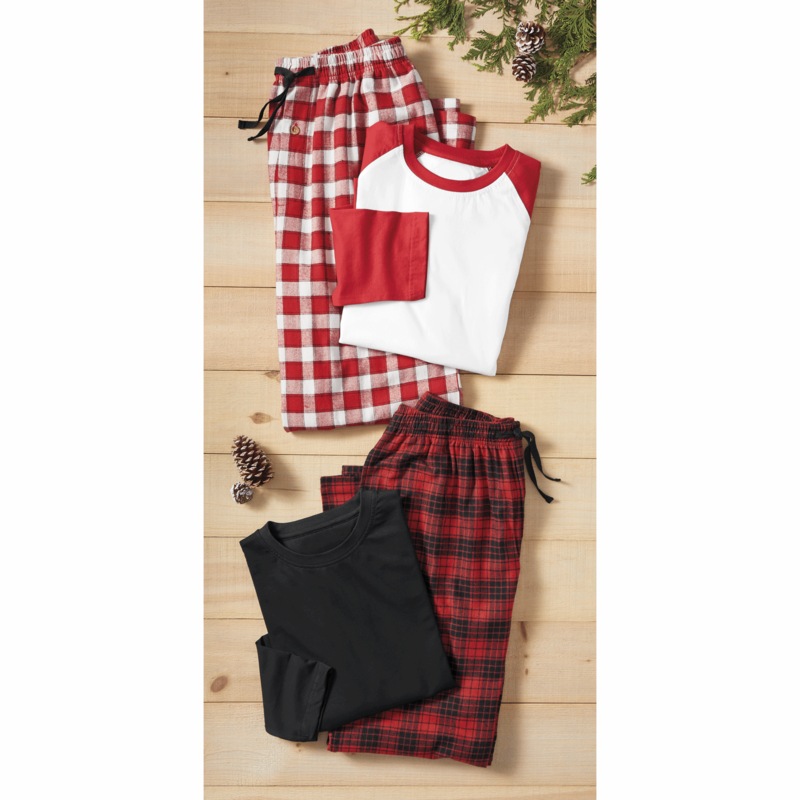 4-Piece Men’s Red/Black Plaid PJ Set with Cotton Knit Tops and Flannel Pants - MIDNIGHT VELVET CATALOG