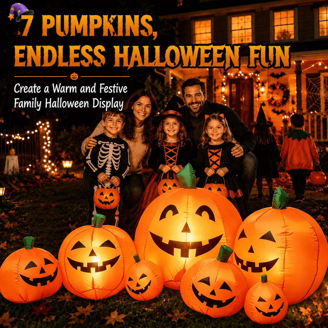 7.5 FT Long Halloween Inflatables Pumpkin Family Lighted,7 Pumpkins Blow Up Yard Decoration, Built-in LEDs, Stakes & Tethers Included for Outdoor Lawn Garden Halloween Decor - Image 9 7.5 FT Long Halloween Inflatables Pumpkin Family Lighted,7 Pumpkins Blow Up Yard Decoration, Built-in LEDs, Stakes & Tethers Included for Outdoor Lawn Garden Halloween Decor - Image 9