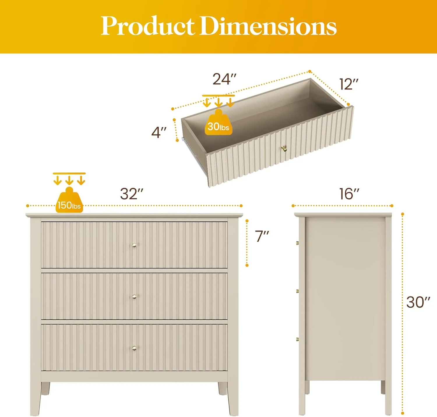 May Color Large White 3 Drawer Dresser Set of 2 with Fluted Panel, Modern Chest of Drawers with Silent Slide Drawers, Wood Accent Nightstand with Storage for Bedroom Living Room, Hallway - Image 83