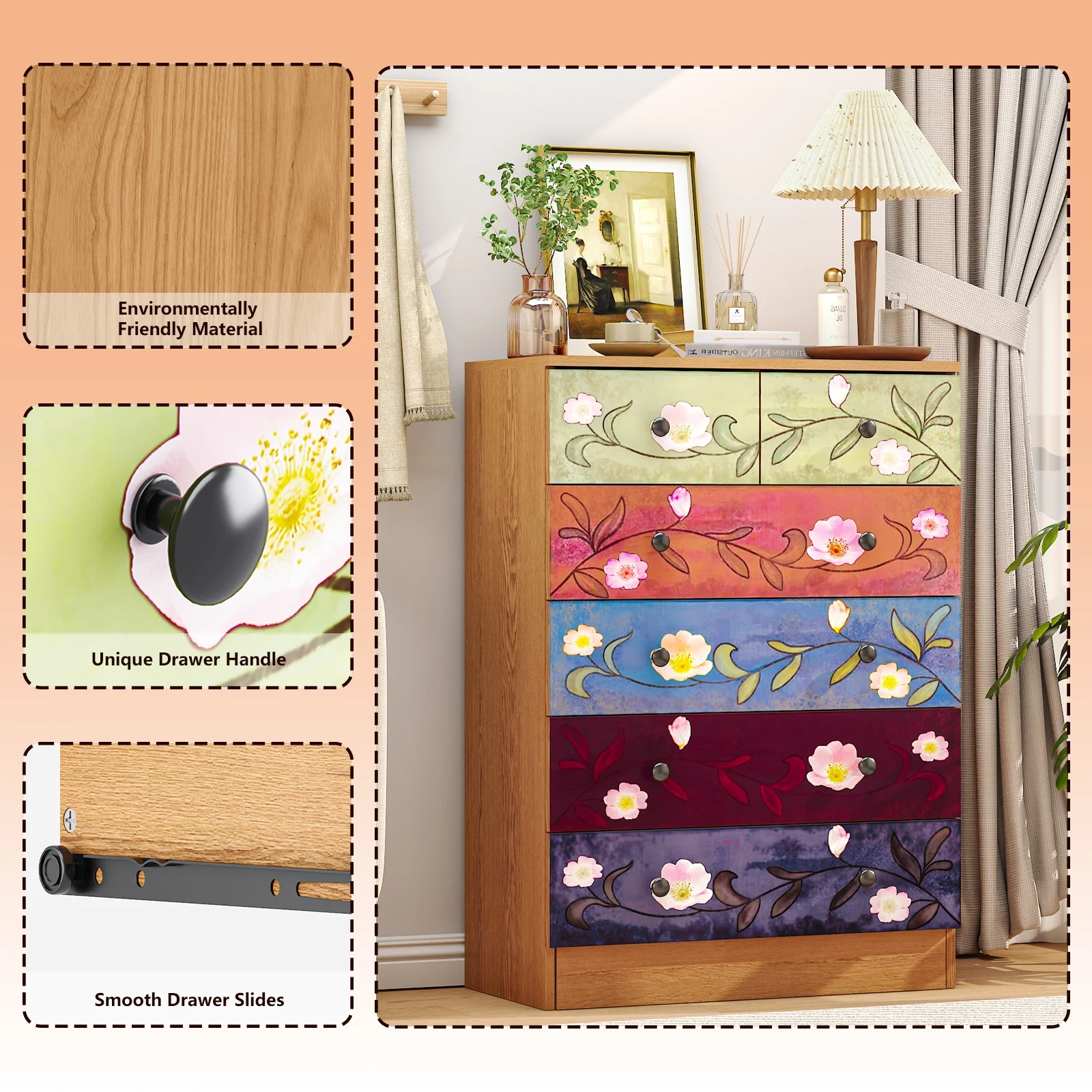 Ktaxon Wood 6-Drawer Dresser Organizer for Bedroom Storage Tower for Entryway Hallway Closet, Tall Chest Organizer Unit with Wood Bins, Floral Painted Wooden - Image 7