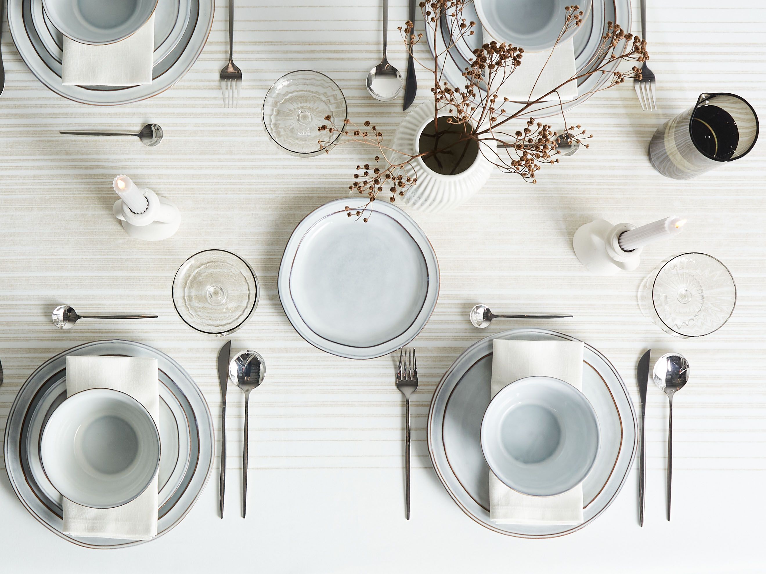 Set of 12 Dinnerware CHIVES Stoneware Light Grey