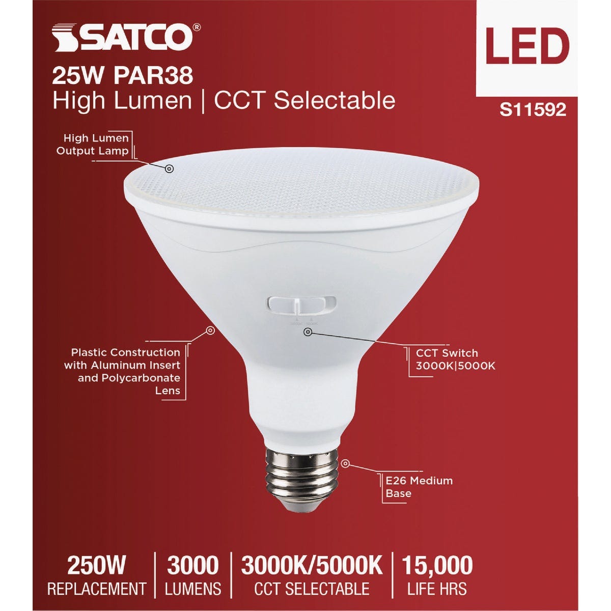 Satco 250W Equivalent PAR38 Medium Base CCT Selectable LED Light Bulb